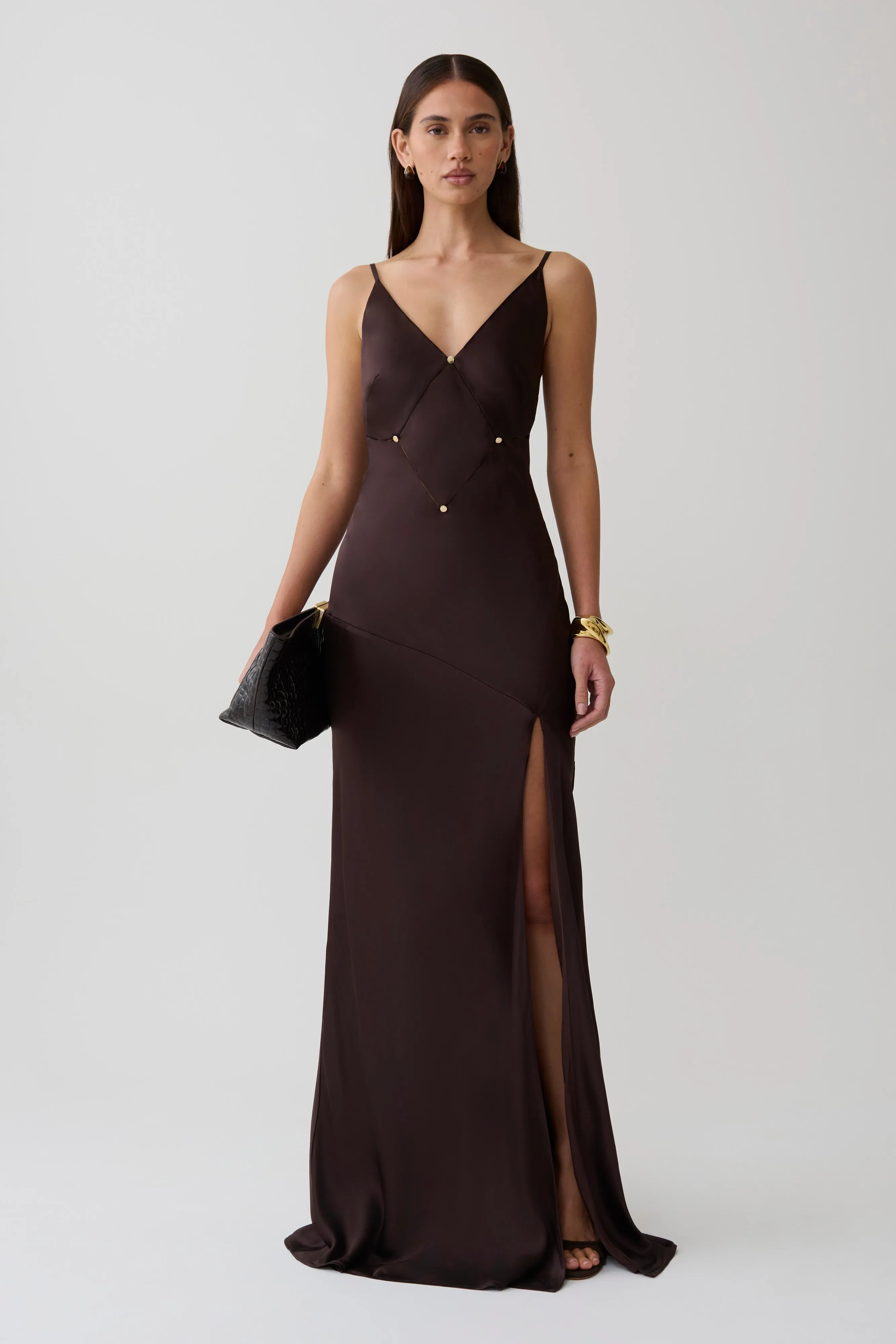 Maddison V Neck Satin Maxi Dress - Dark Chocolate sold by Meshki product image thumbnail 5