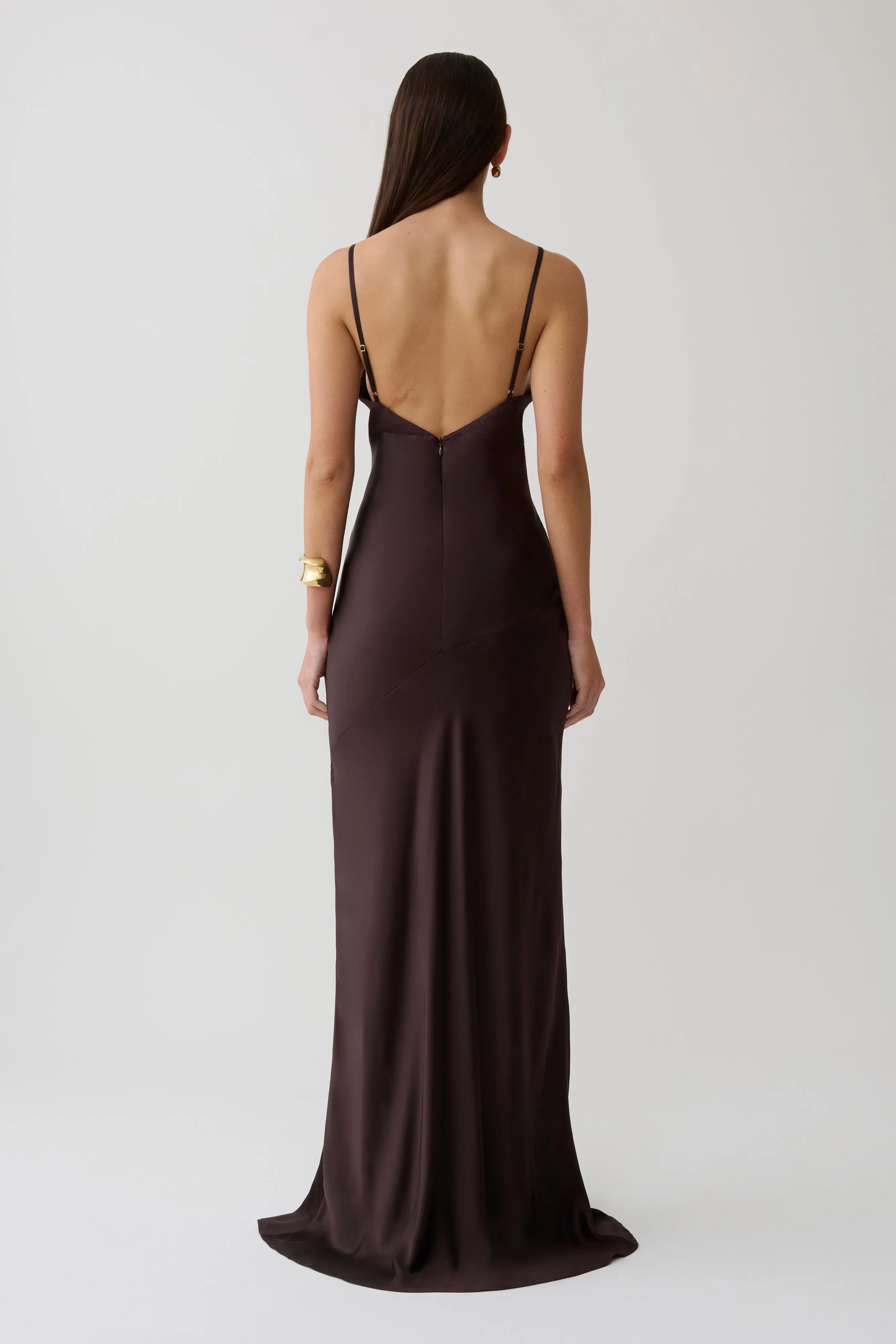 Maddison V Neck Satin Maxi Dress - Dark Chocolate sold by Meshki product image thumbnail 2