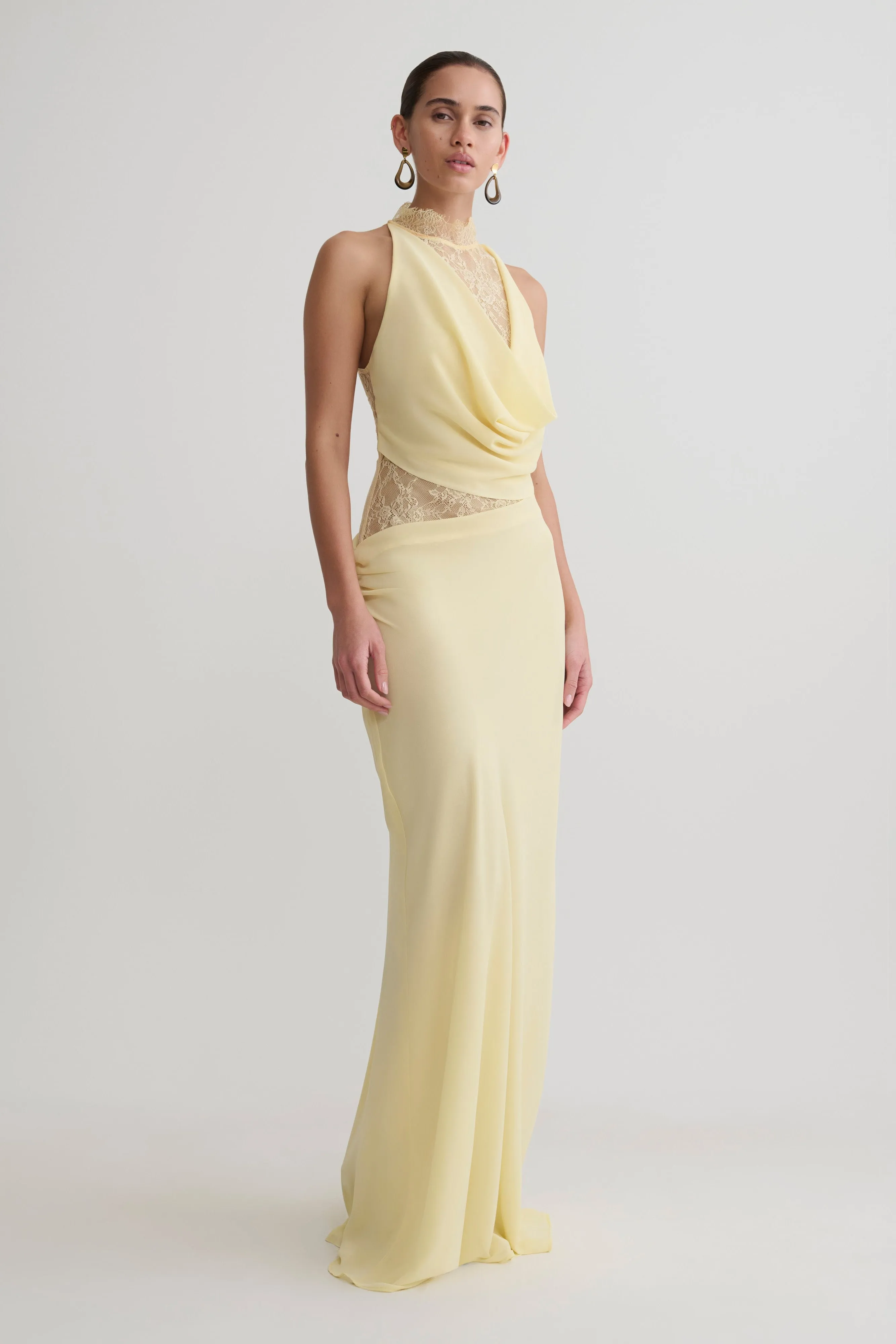 Arra Chiffon And Lace Halter Maxi Dress - Lemon sold by Meshki product image thumbnail 5