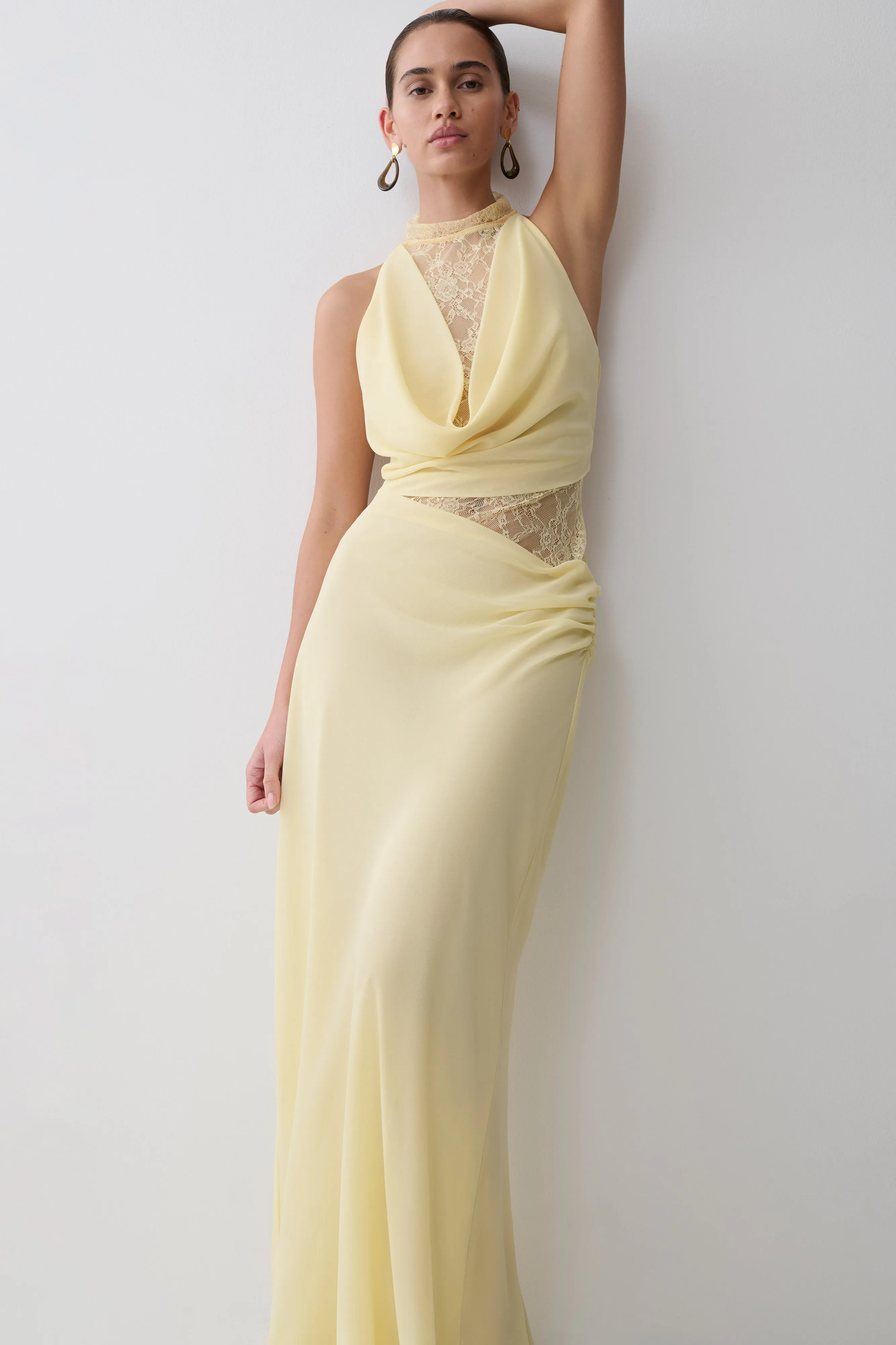 Arra Chiffon And Lace Halter Maxi Dress - Lemon sold by Meshki product image thumbnail 3