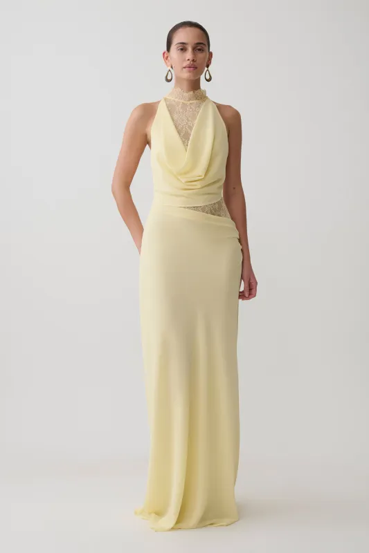 Arra Chiffon And Lace Halter Maxi Dress - Lemon made by Meshki