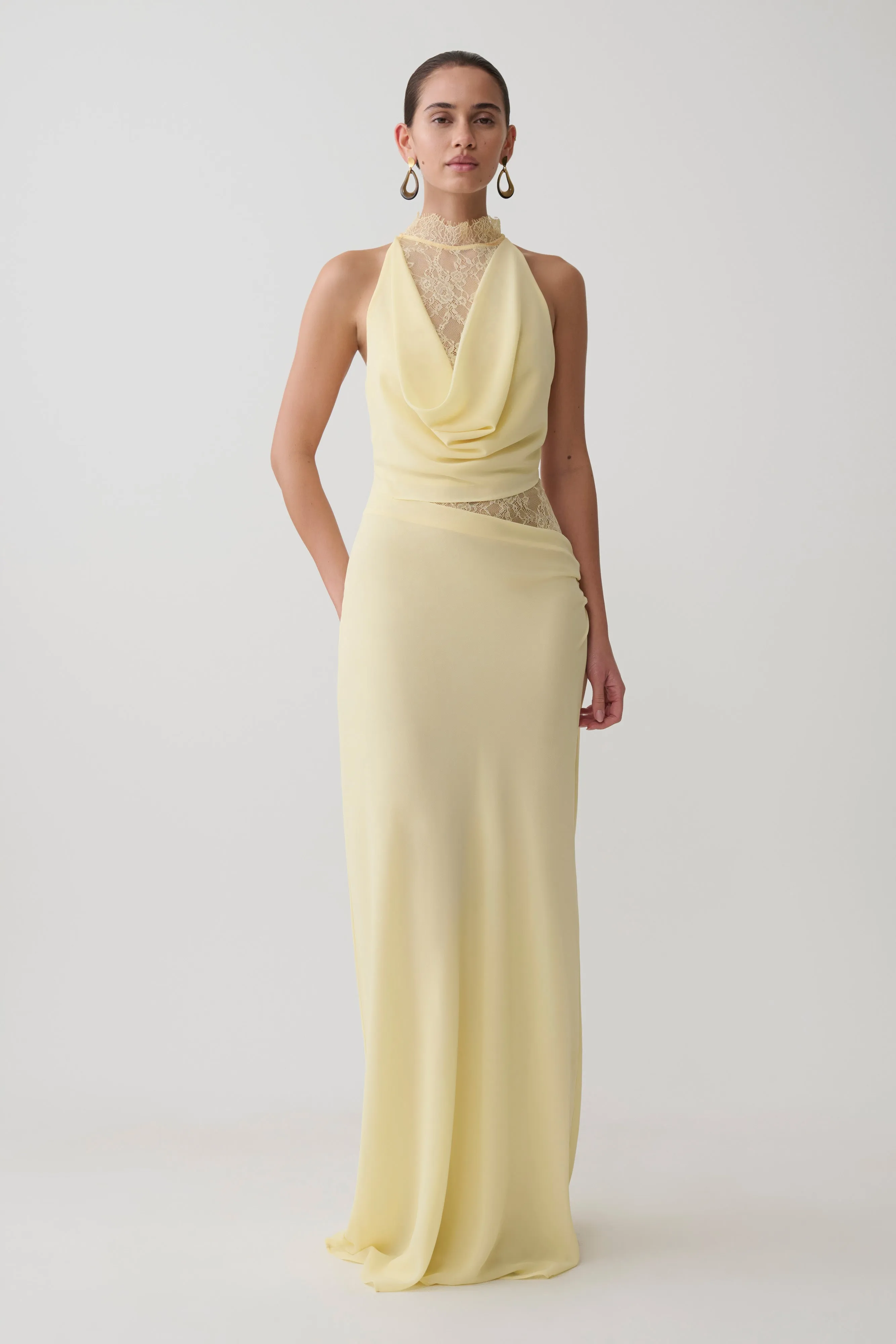 Arra Chiffon And Lace Halter Maxi Dress - Lemon sold by Meshki