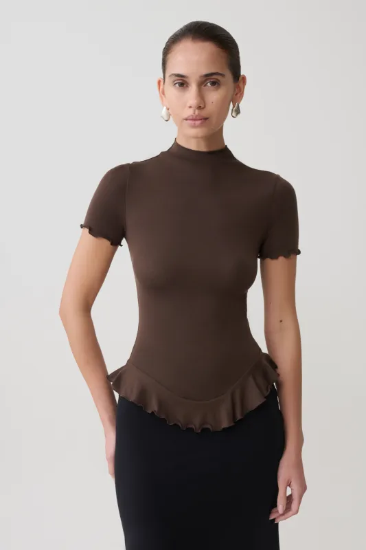 Nira Short Sleeve Ruffle Top - Dark Chocolate made by Meshki
