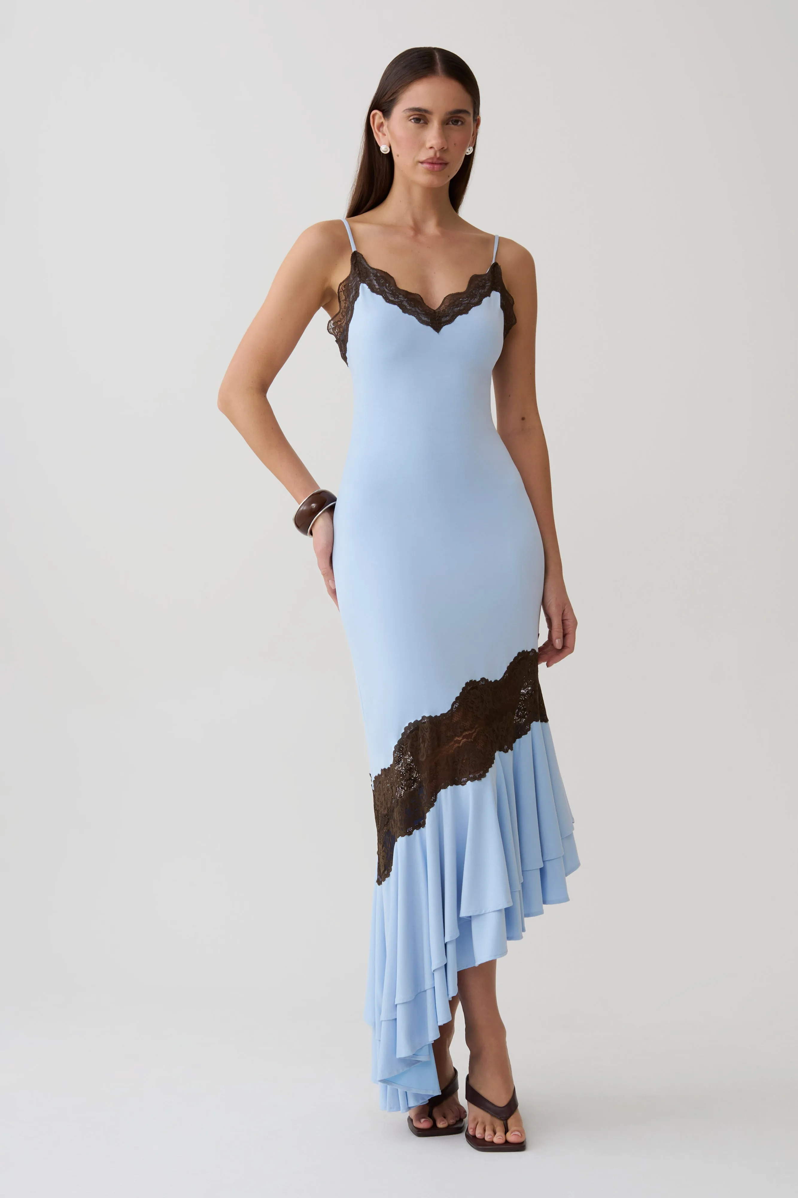 Annis Frilled Hem Lace Midi Dress - Cornflower/Chocolate sold by Meshki product image thumbnail 5