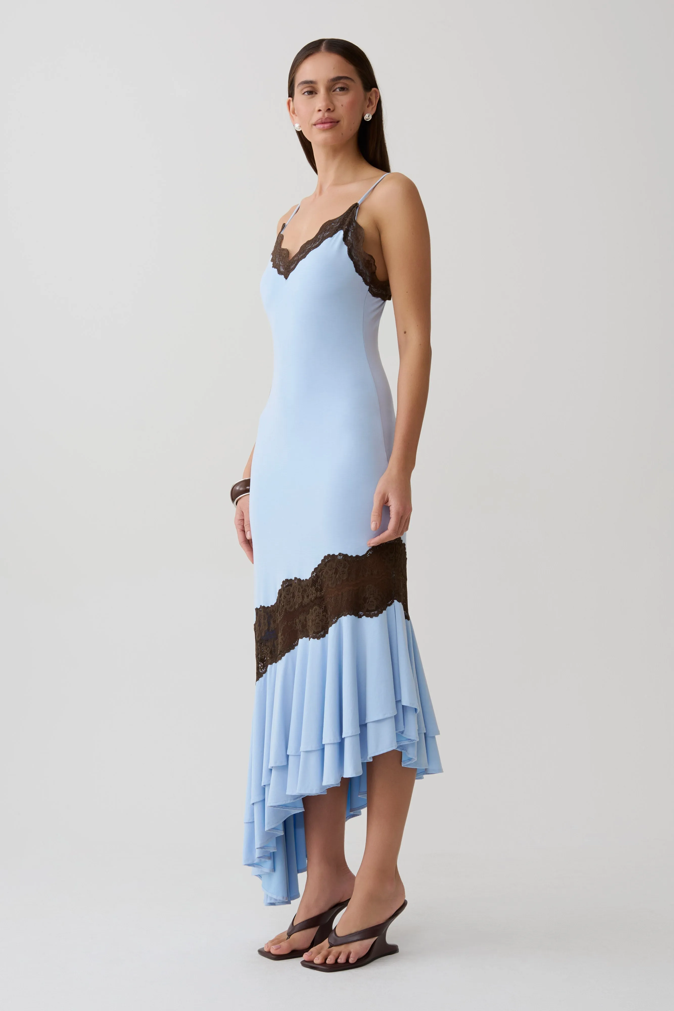 Annis Frilled Hem Lace Midi Dress - Cornflower/Chocolate sold by Meshki product image thumbnail 4