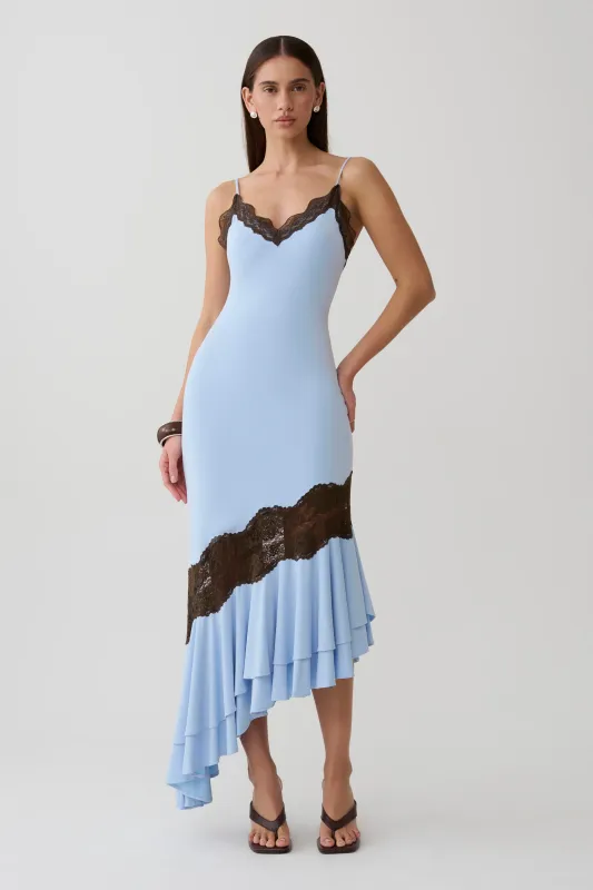 Annis Frilled Hem Lace Midi Dress - Cornflower/Chocolate made by Meshki