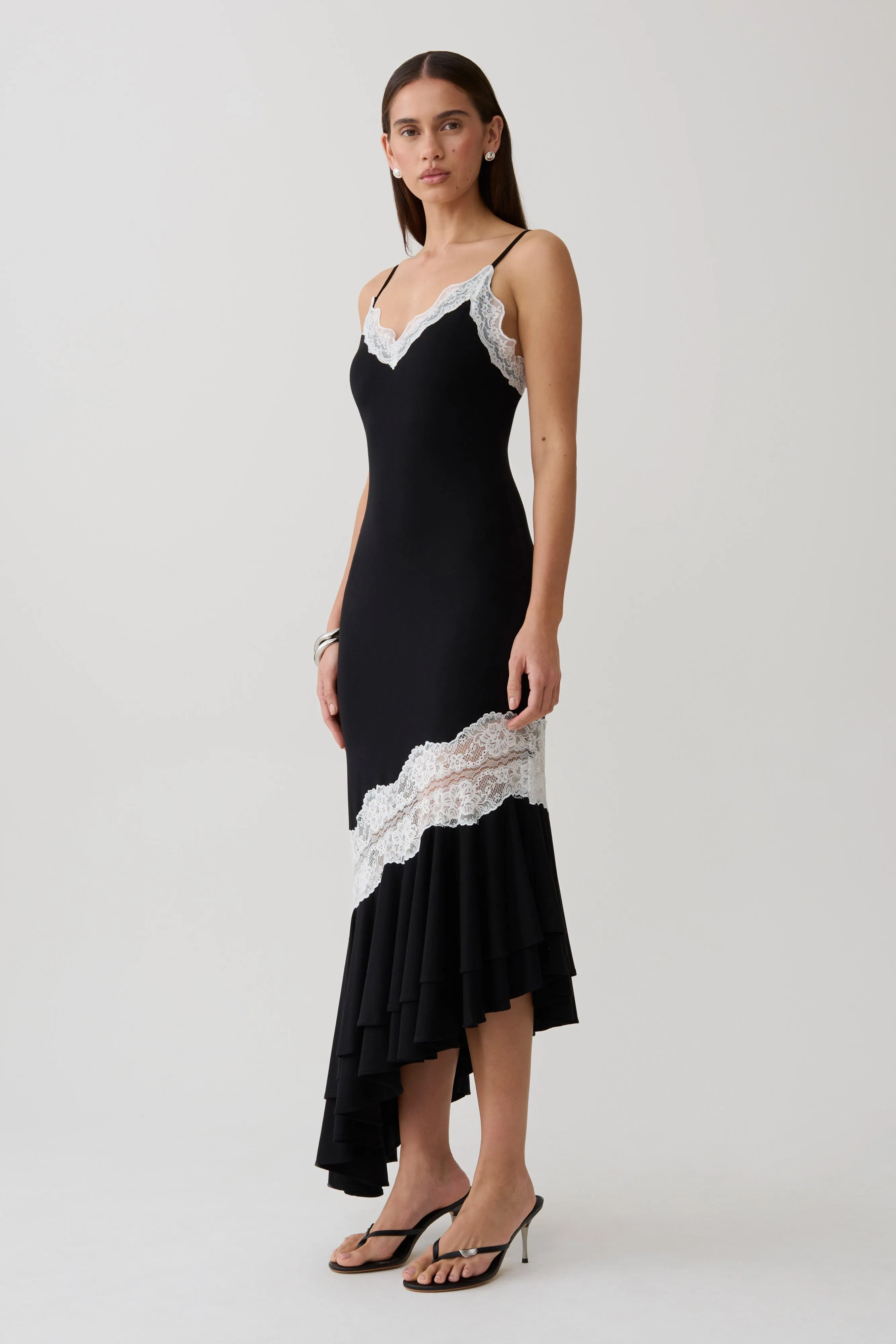 Annis Frilled Hem Lace Midi Dress - Black/White sold by Meshki product image thumbnail 4