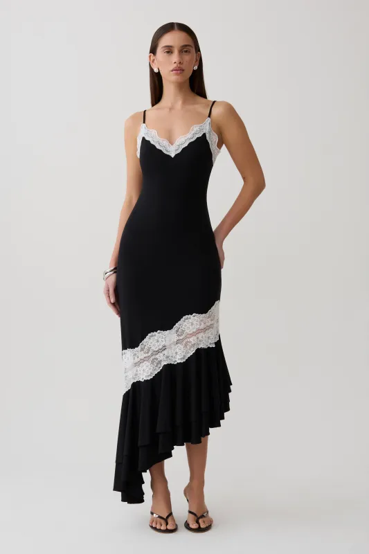 Annis Frilled Hem Lace Midi Dress - Black/White made by Meshki