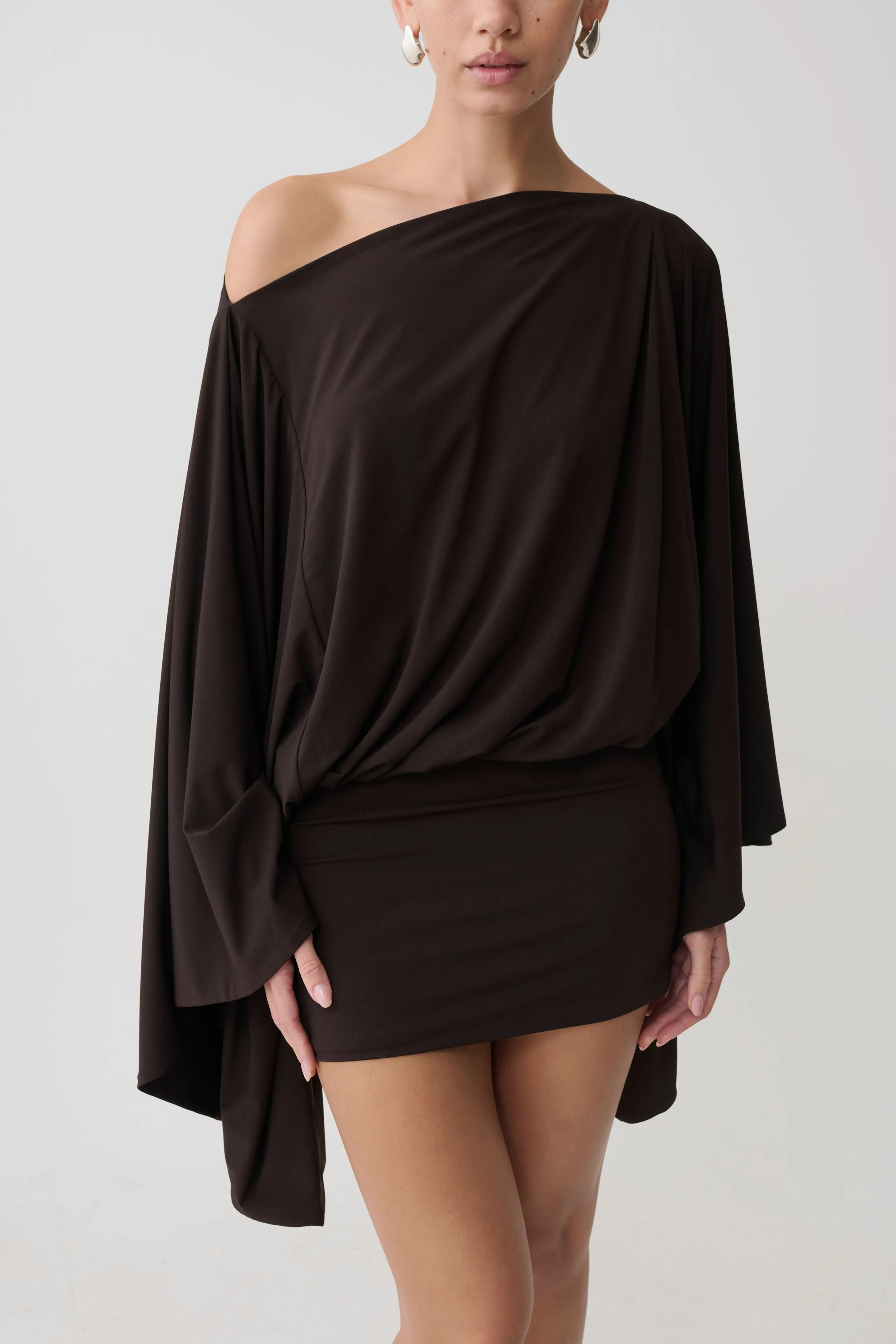 Jessy Draped Mini Dress - Dark Chocolate sold by Meshki product image thumbnail 3