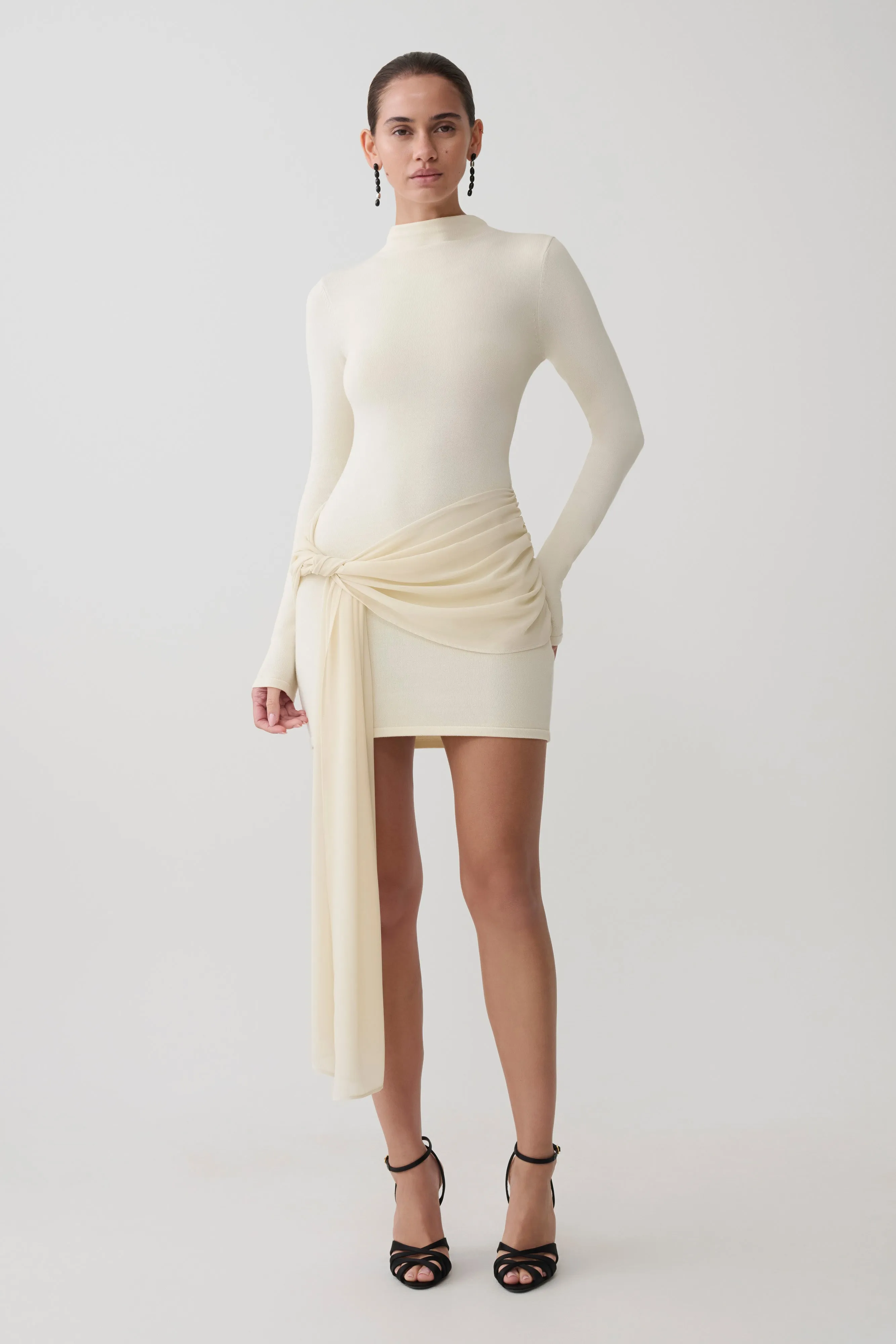 Grayson Knit Chiffon Mini Dress - Buttercream sold by Meshki product image thumbnail 5