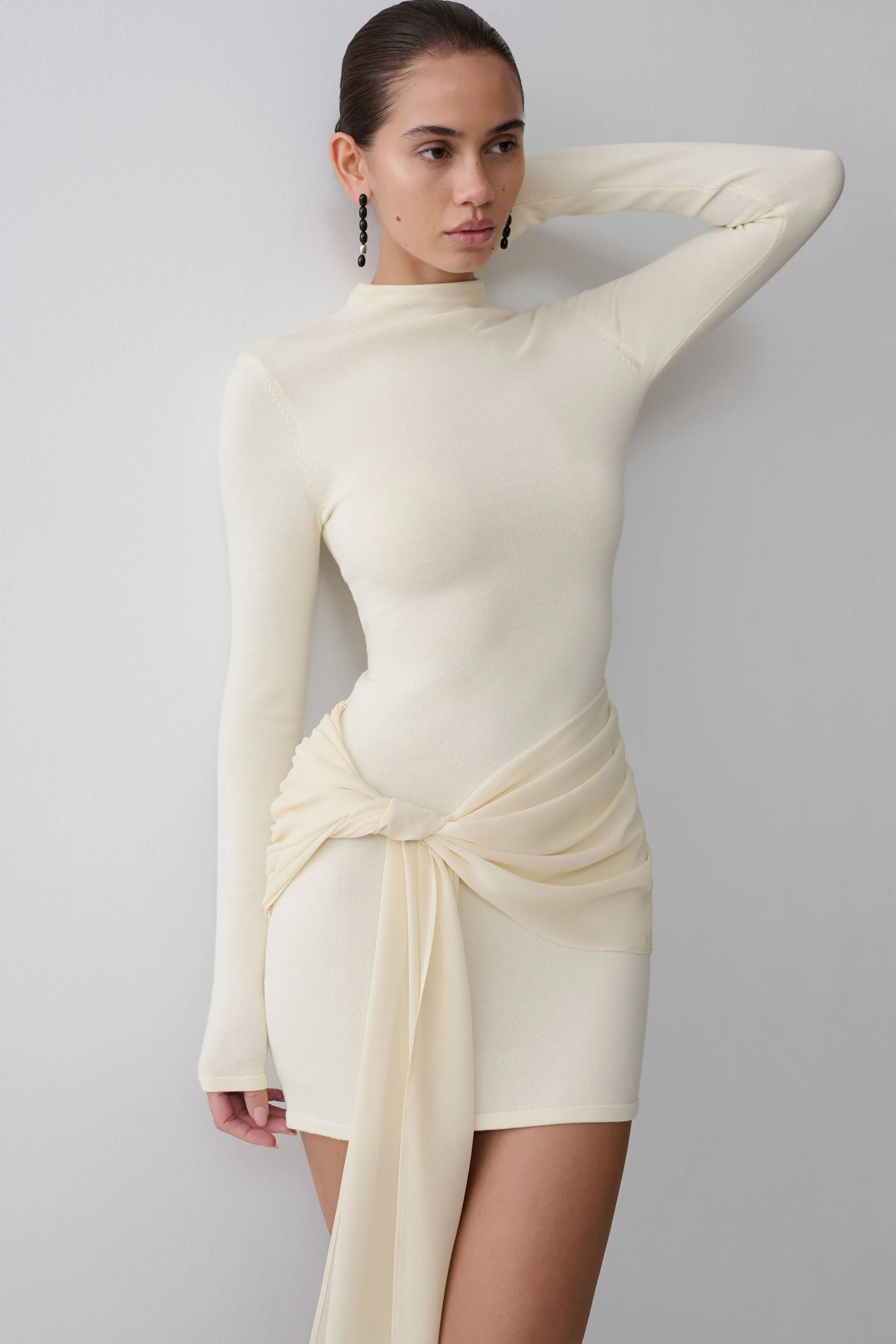 Grayson Knit Chiffon Mini Dress - Buttercream sold by Meshki product image thumbnail 3