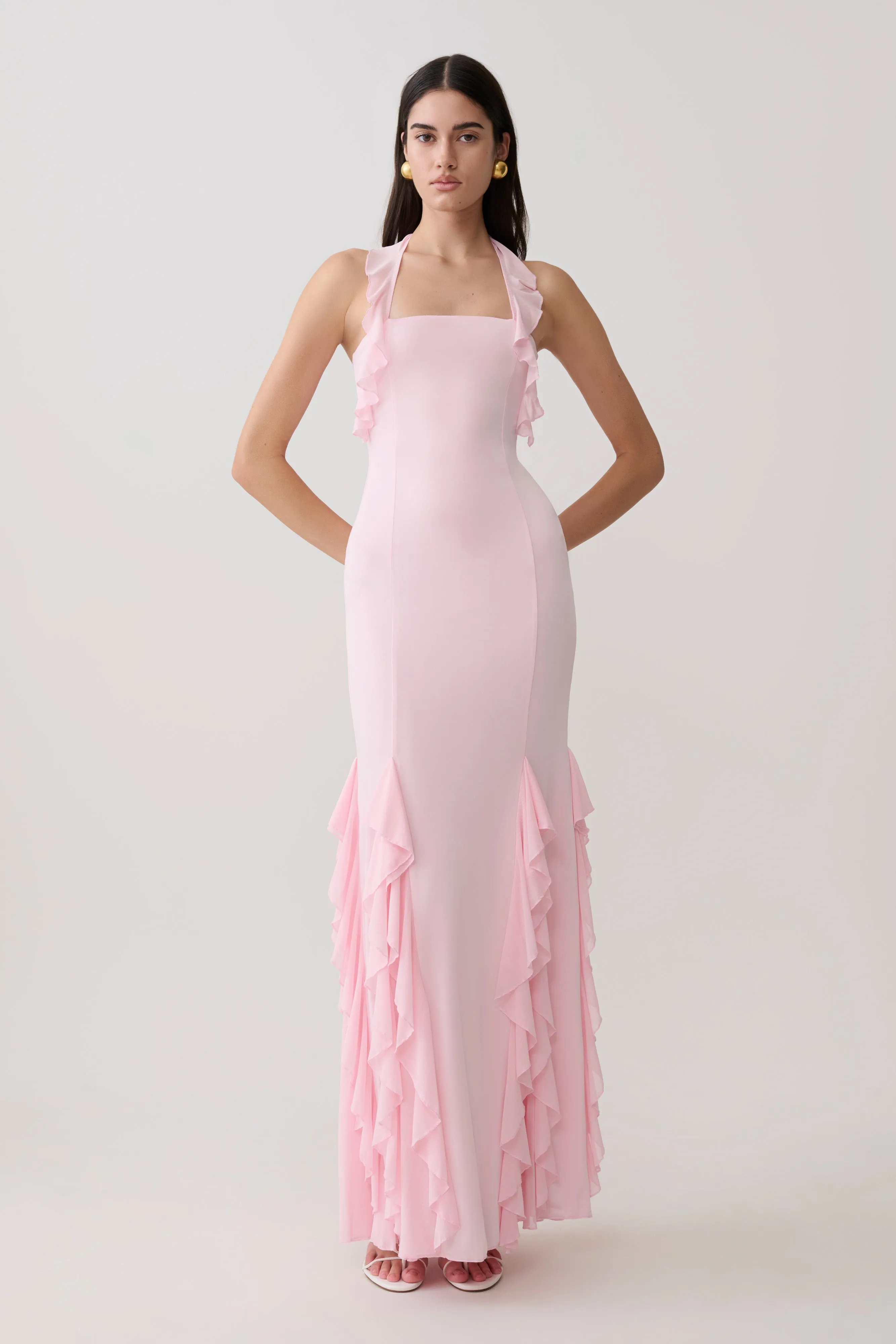 Etta Ruffle Slinky Maxi Dress - Pale Pink sold by Meshki product image thumbnail 5