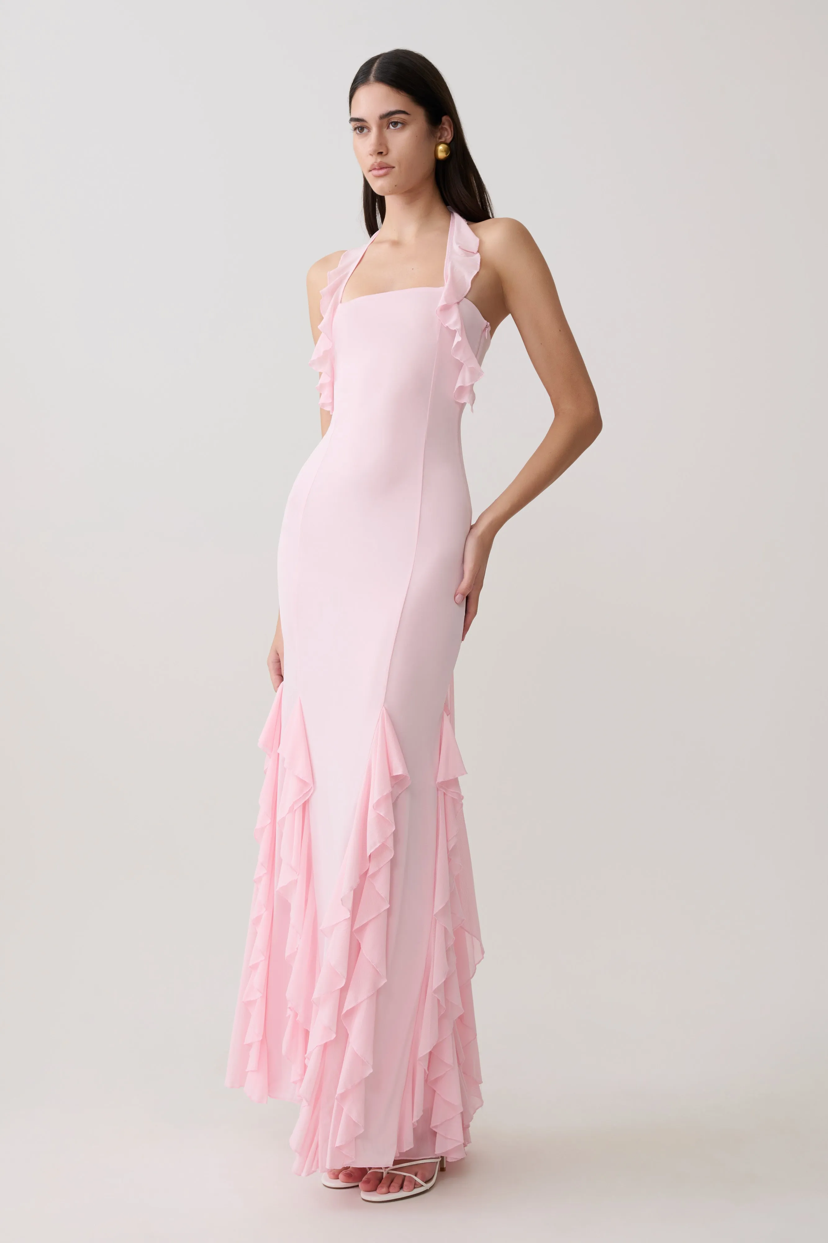 Etta Ruffle Slinky Maxi Dress - Pale Pink sold by Meshki product image thumbnail 4