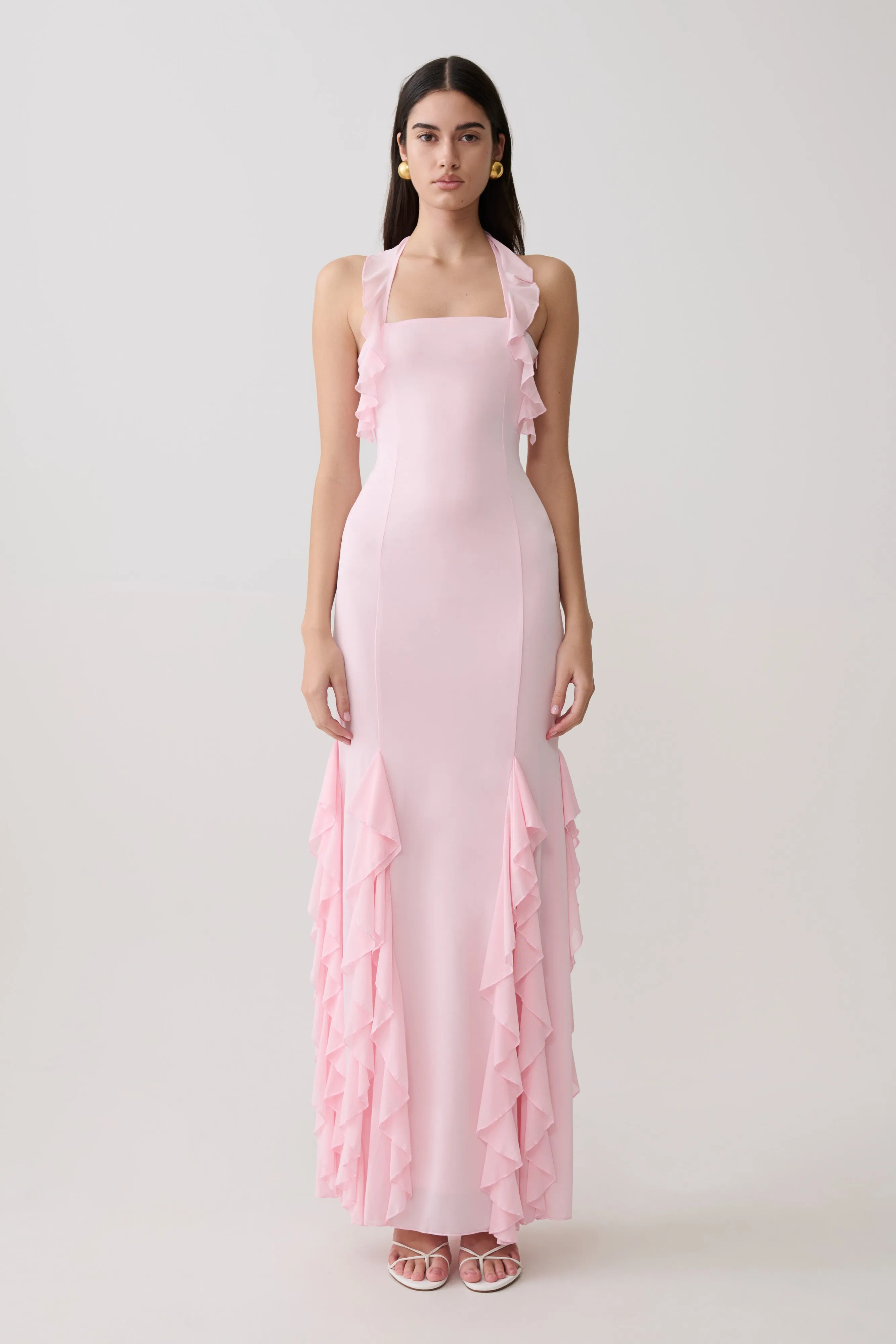 Etta Ruffle Slinky Maxi Dress - Pale Pink sold by Meshki