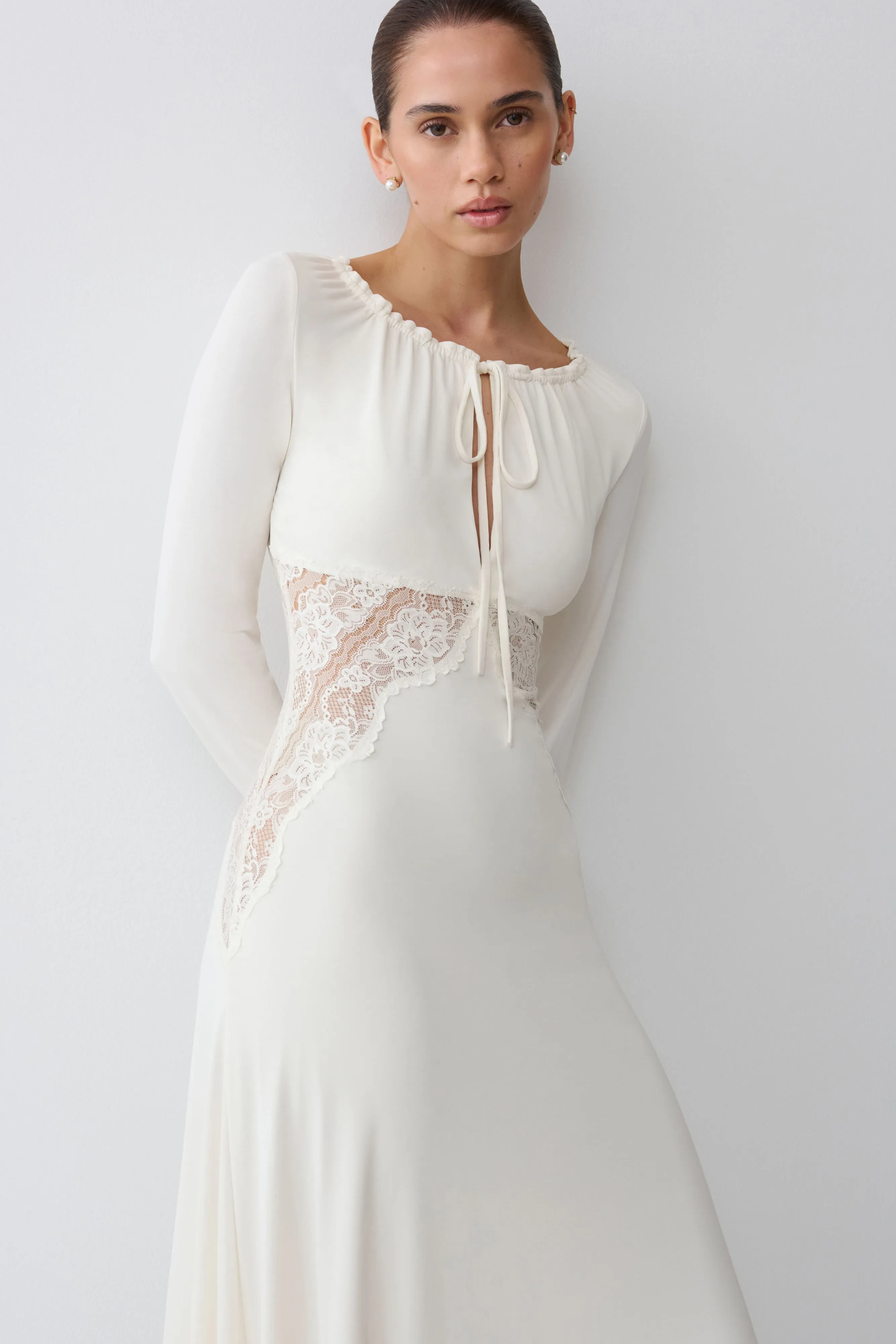 Elethea Lace Slinky Maxi Dress - Ivory sold by Meshki product image thumbnail 3