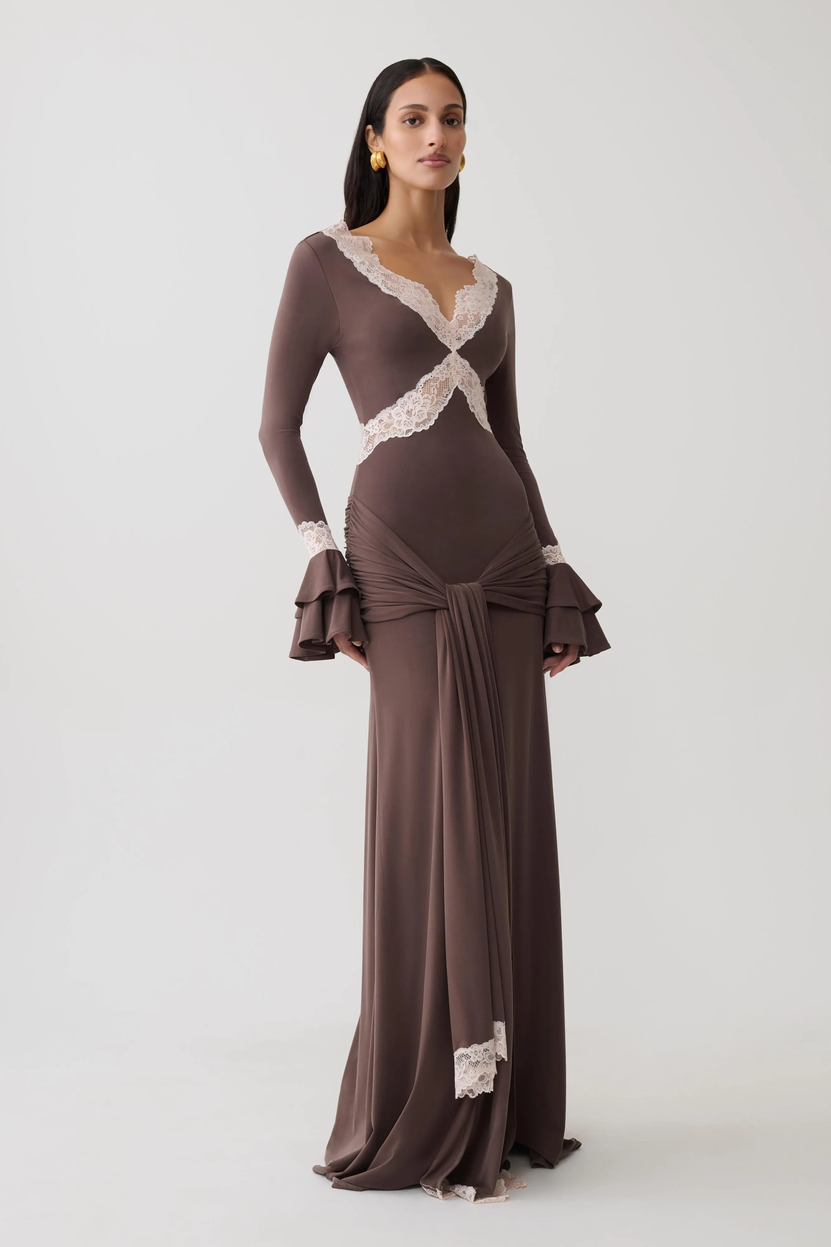 Electra Slinky Lace Maxi Dress - Chocolate/Ballet Pink sold by Meshki product image thumbnail 5