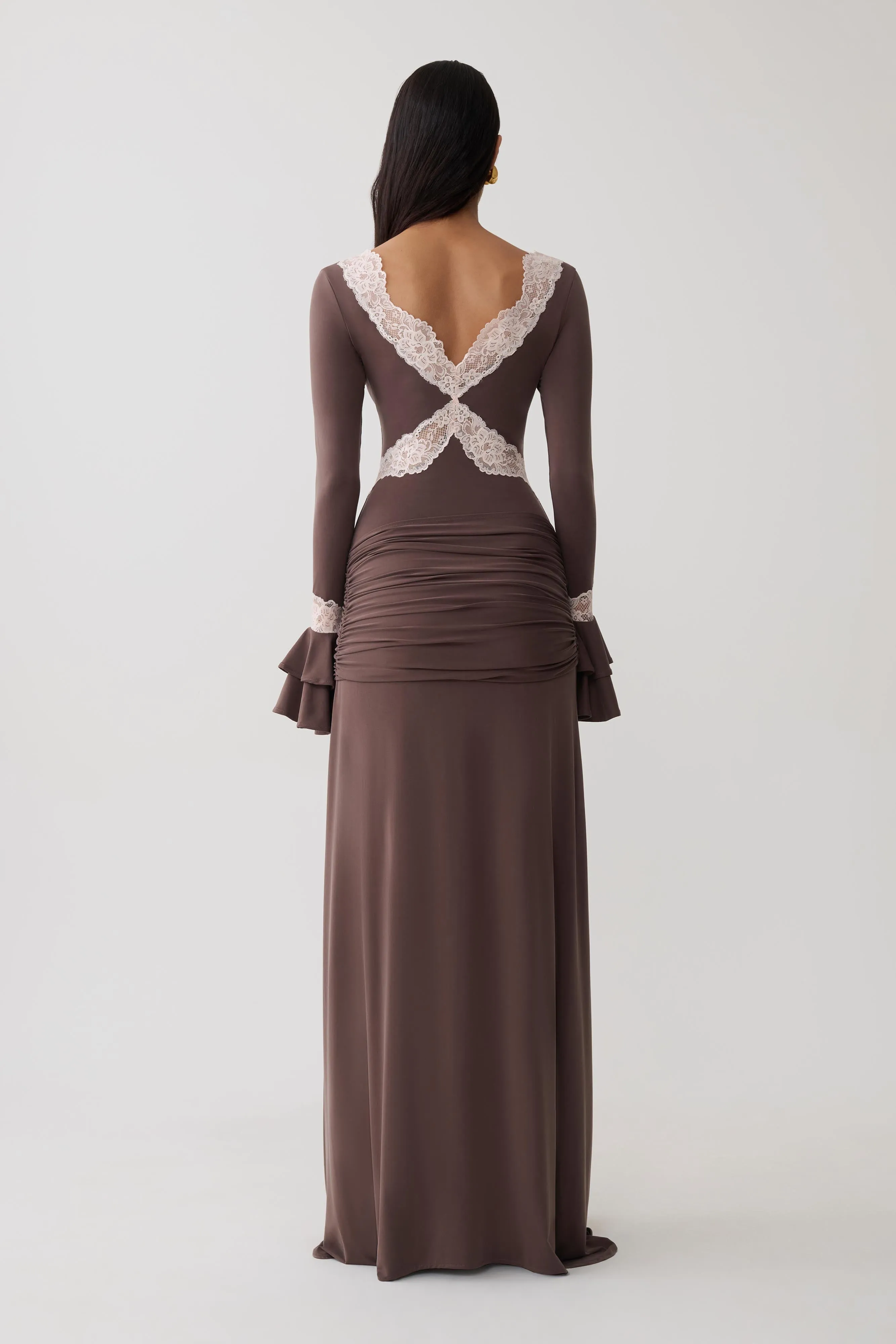 Electra Slinky Lace Maxi Dress - Chocolate/Ballet Pink sold by Meshki product image thumbnail 2