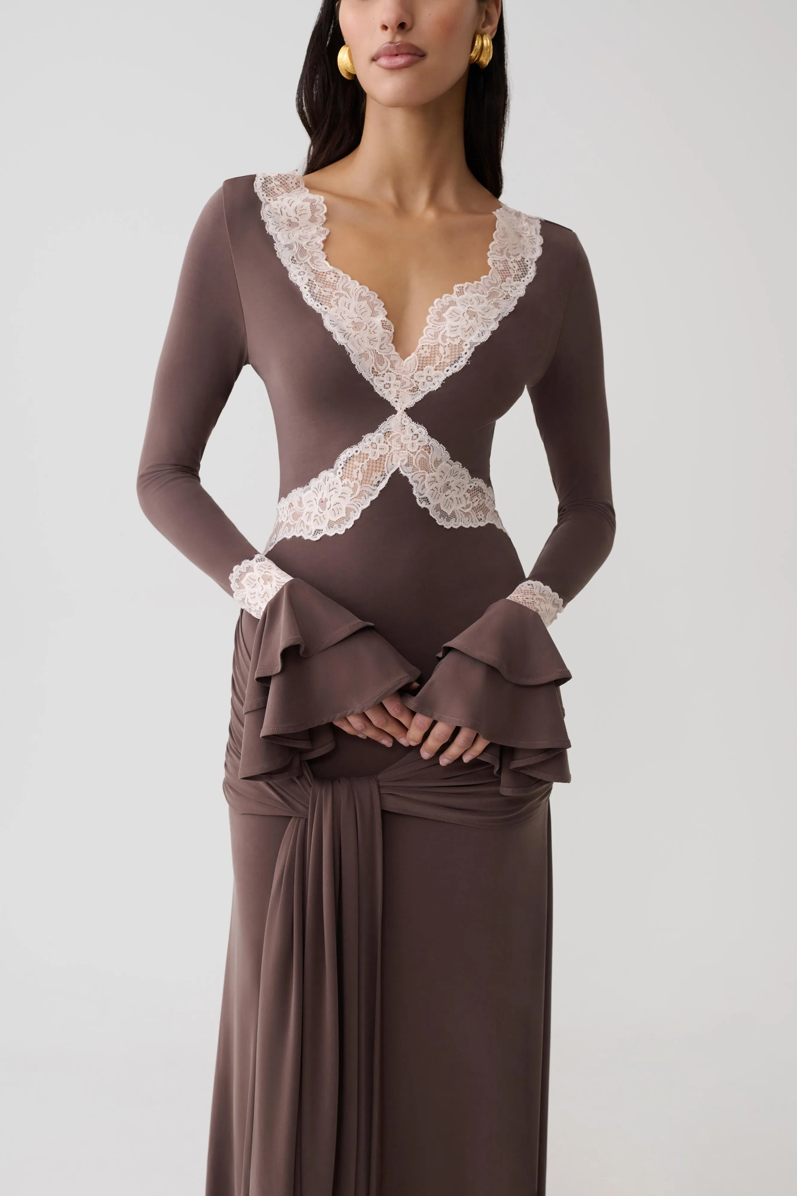 Electra Slinky Lace Maxi Dress - Chocolate/Ballet Pink sold by Meshki product image thumbnail 3