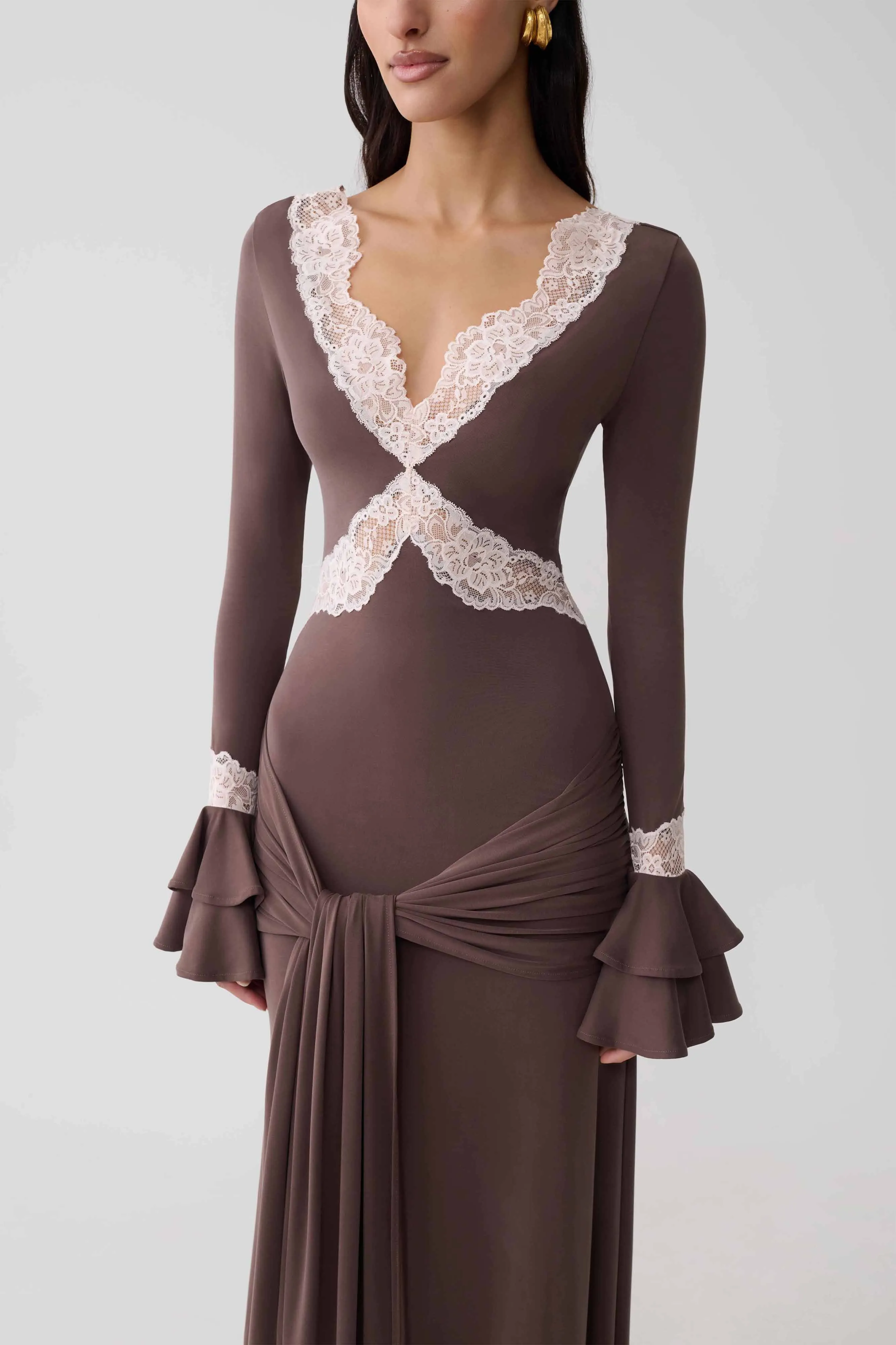 Electra Slinky Lace Maxi Dress - Chocolate/Ballet Pink sold by Meshki product image thumbnail 4
