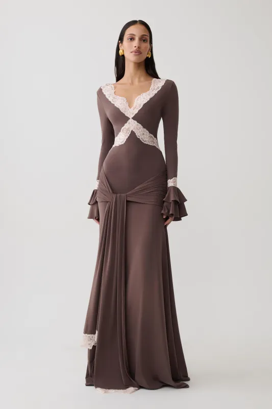 Electra Slinky Lace Maxi Dress - Chocolate/Ballet Pink made by Meshki