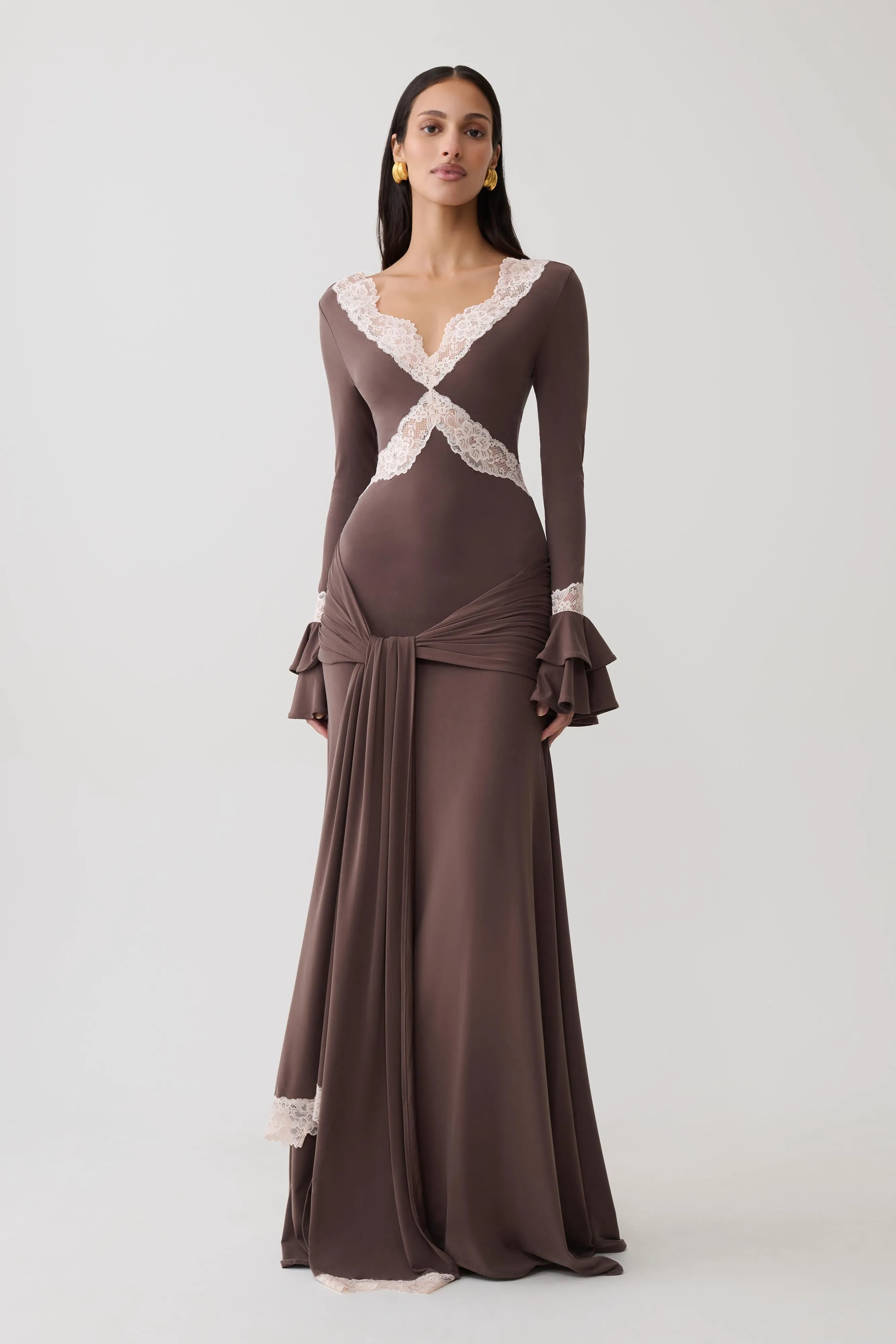 Electra Slinky Lace Maxi Dress - Chocolate/Ballet Pink sold by Meshki
