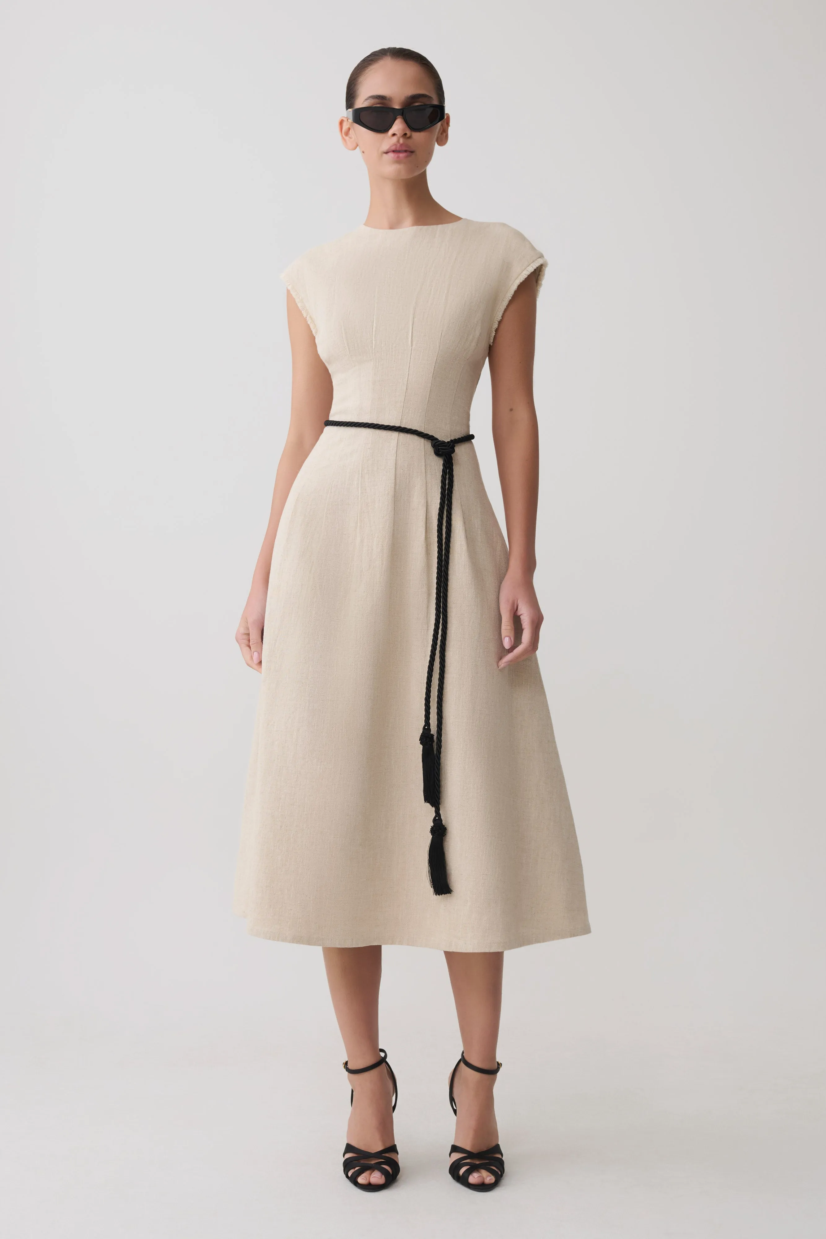 Zinia Linen Cap Sleeve Midi Dress - Natural sold by Meshki product image thumbnail 4