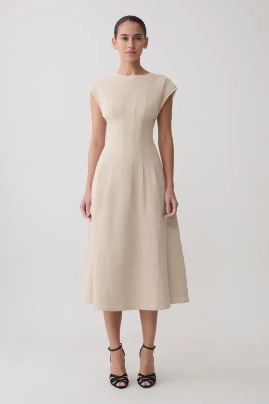 Zinia Linen Cap Sleeve Midi Dress - Natural made by Meshki