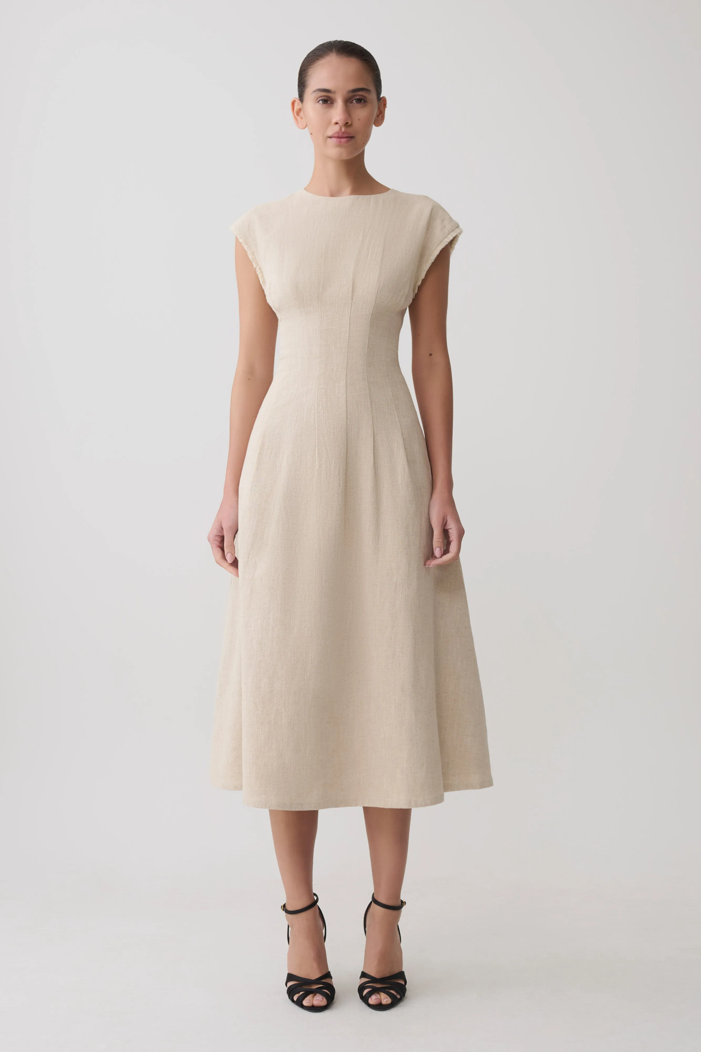 Zinia Linen Cap Sleeve Midi Dress - Natural sold by Meshki