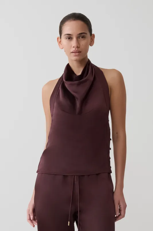 Danica Satin Halter Sleeveless Top - Mahogany made by Meshki