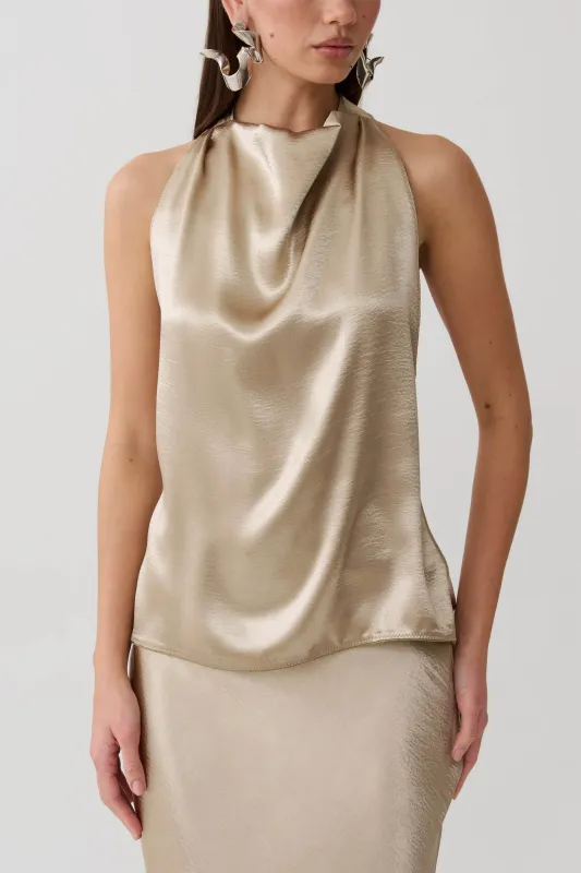Cleo Satin Halter Top - Gold made by Meshki