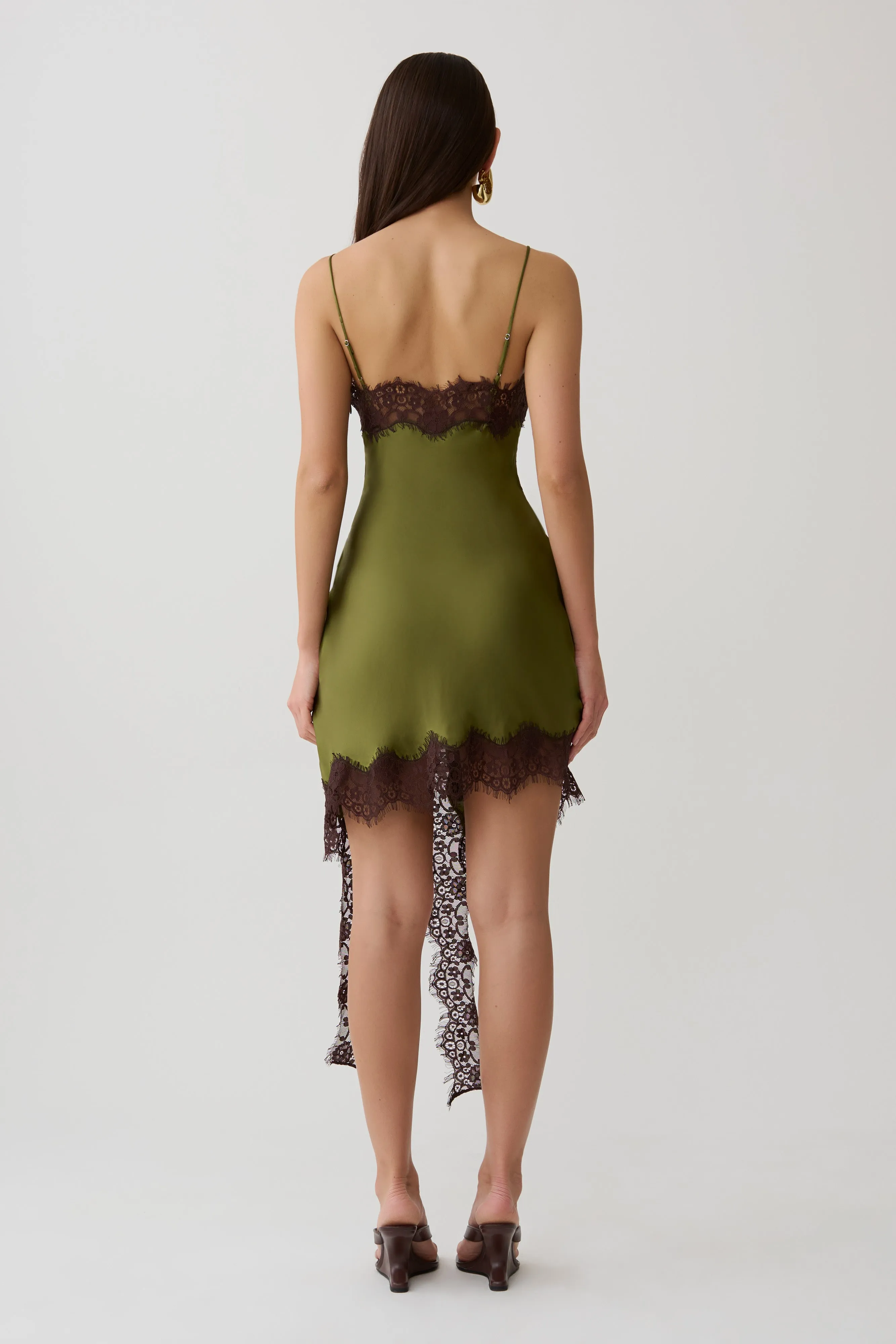 Amber Satin And Lace Mini Dress - Olive sold by Meshki product image thumbnail 2