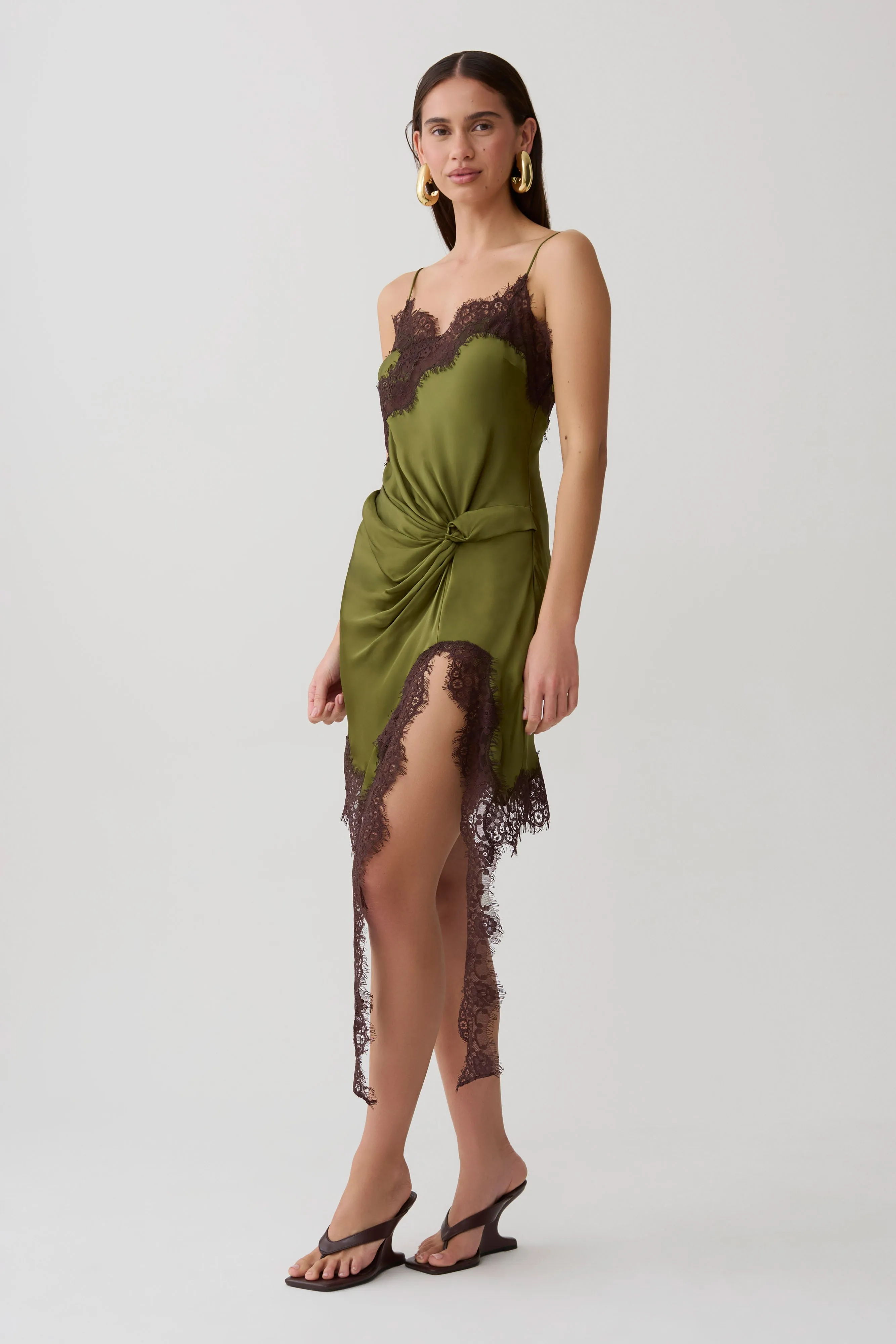 Amber Satin And Lace Mini Dress - Olive sold by Meshki product image thumbnail 4