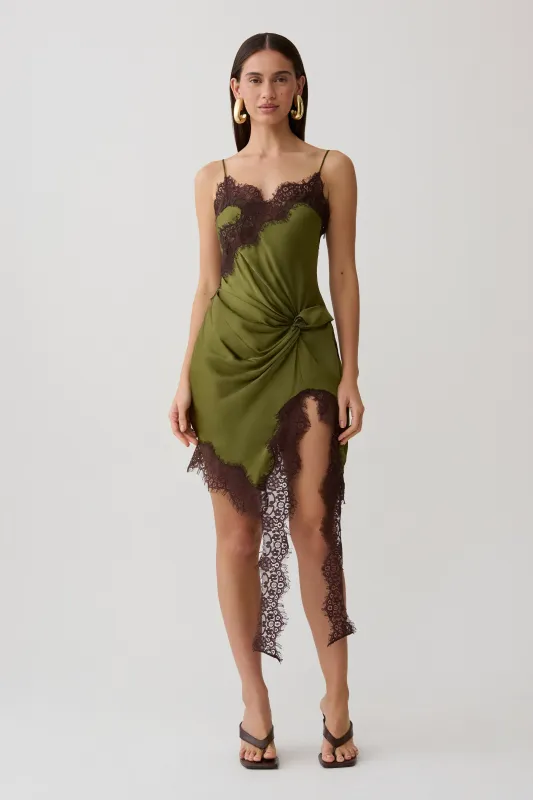 Amber Satin And Lace Mini Dress - Olive made by Meshki
