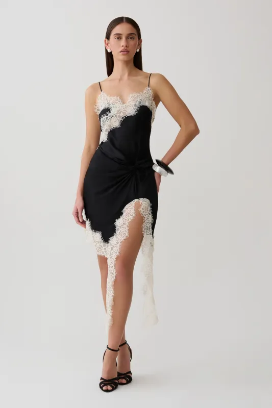 Amber Satin And Lace Mini Dress - Black/Ivory made by Meshki