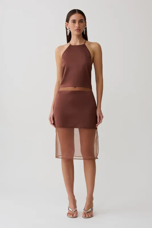 Priscilla Sheer Halter Midi Dress - Dark Chocolate made by Meshki