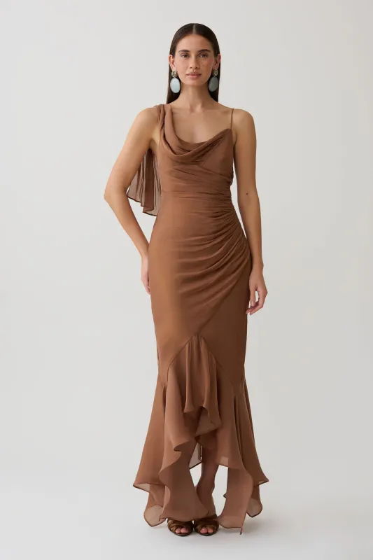 Edith Draped Maxi Dress - Cognac made by Meshki