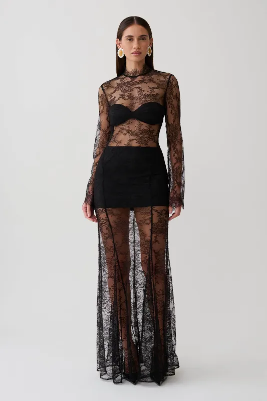Alizette Long Sleeve Lace Maxi Dress - Black made by Meshki