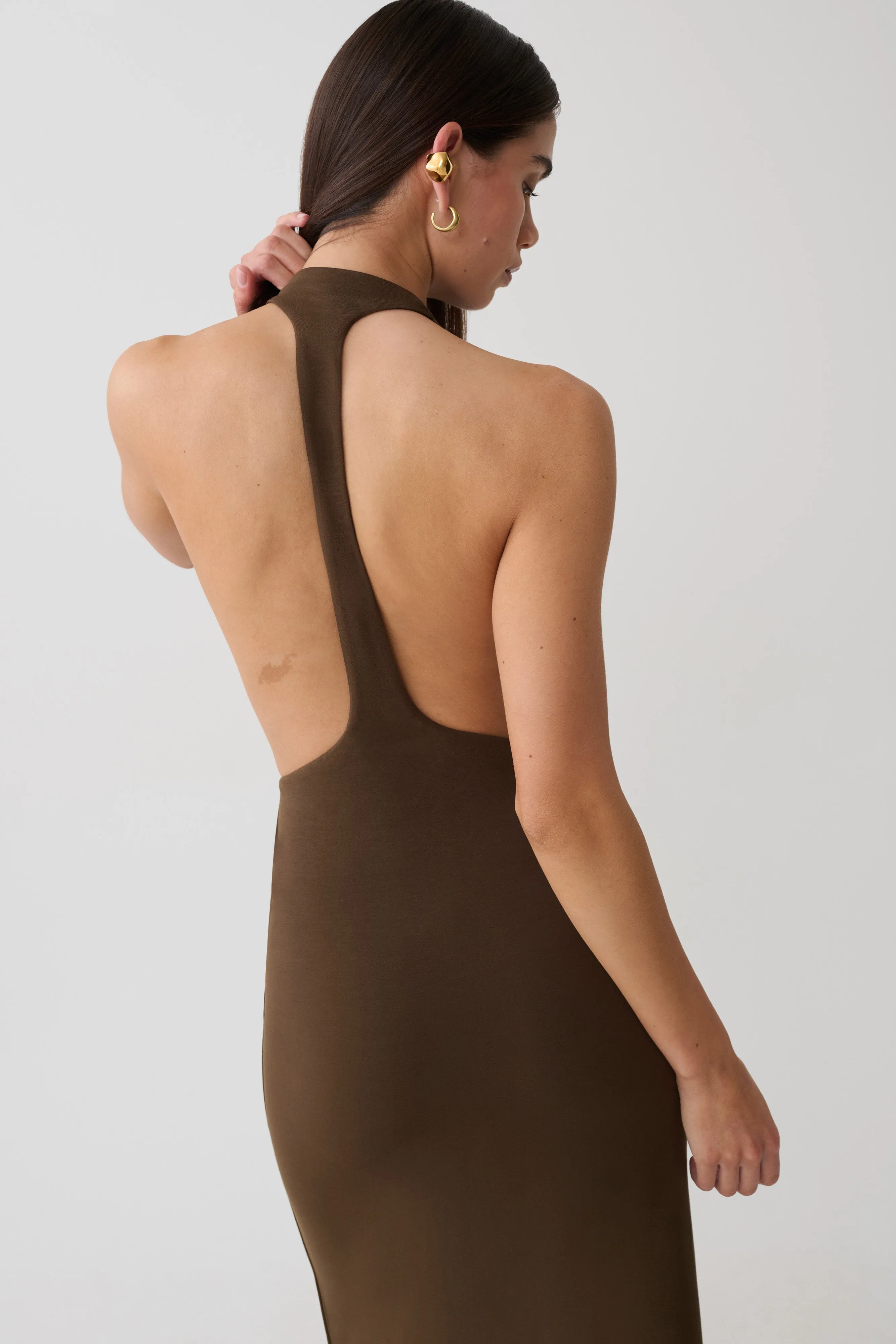 Halley Back T-Strap Maxi Dress - Chocolate sold by Meshki product image thumbnail 3
