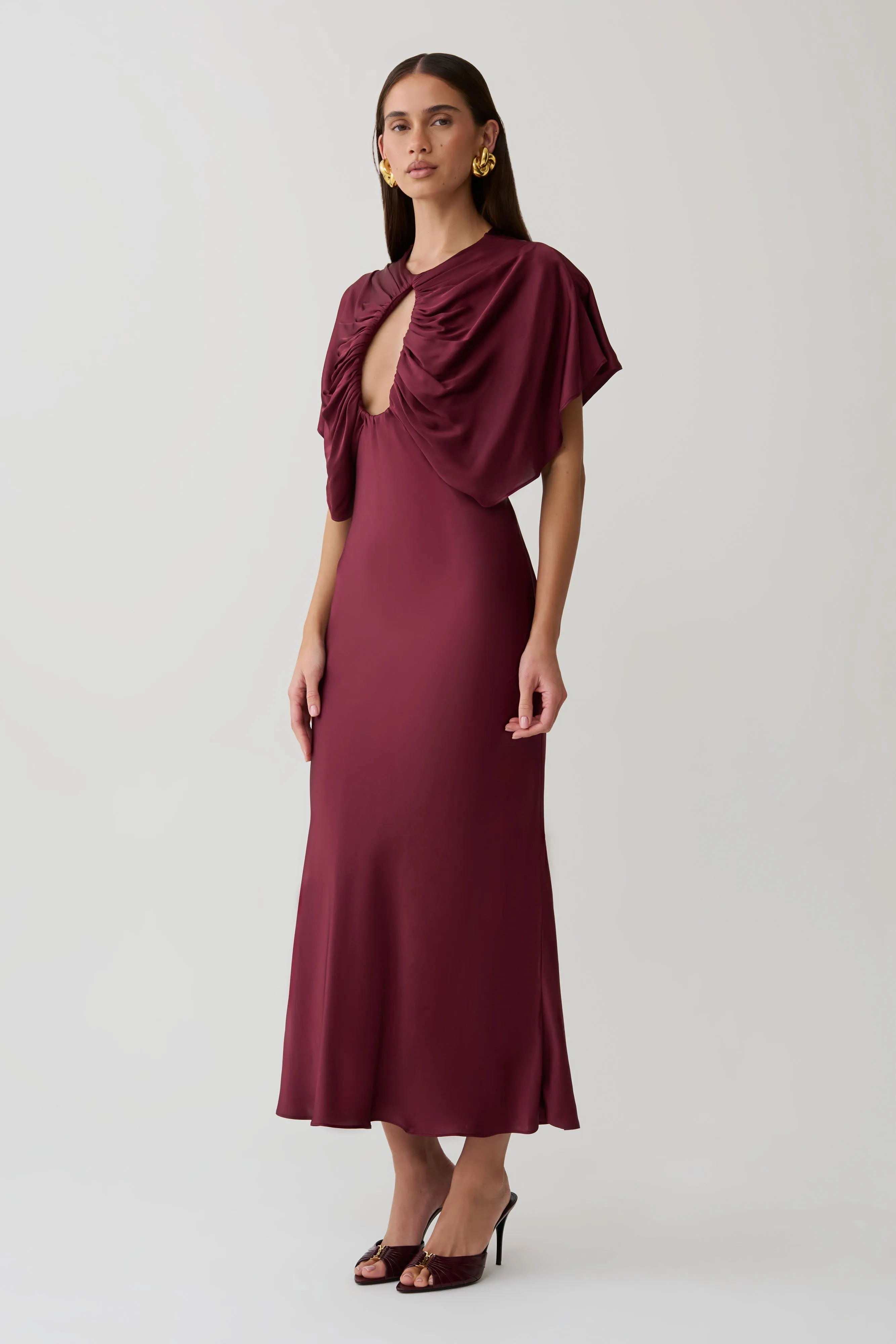 Mona Cut Out Satin Midi Dress - Burgundy sold by Meshki product image thumbnail 3