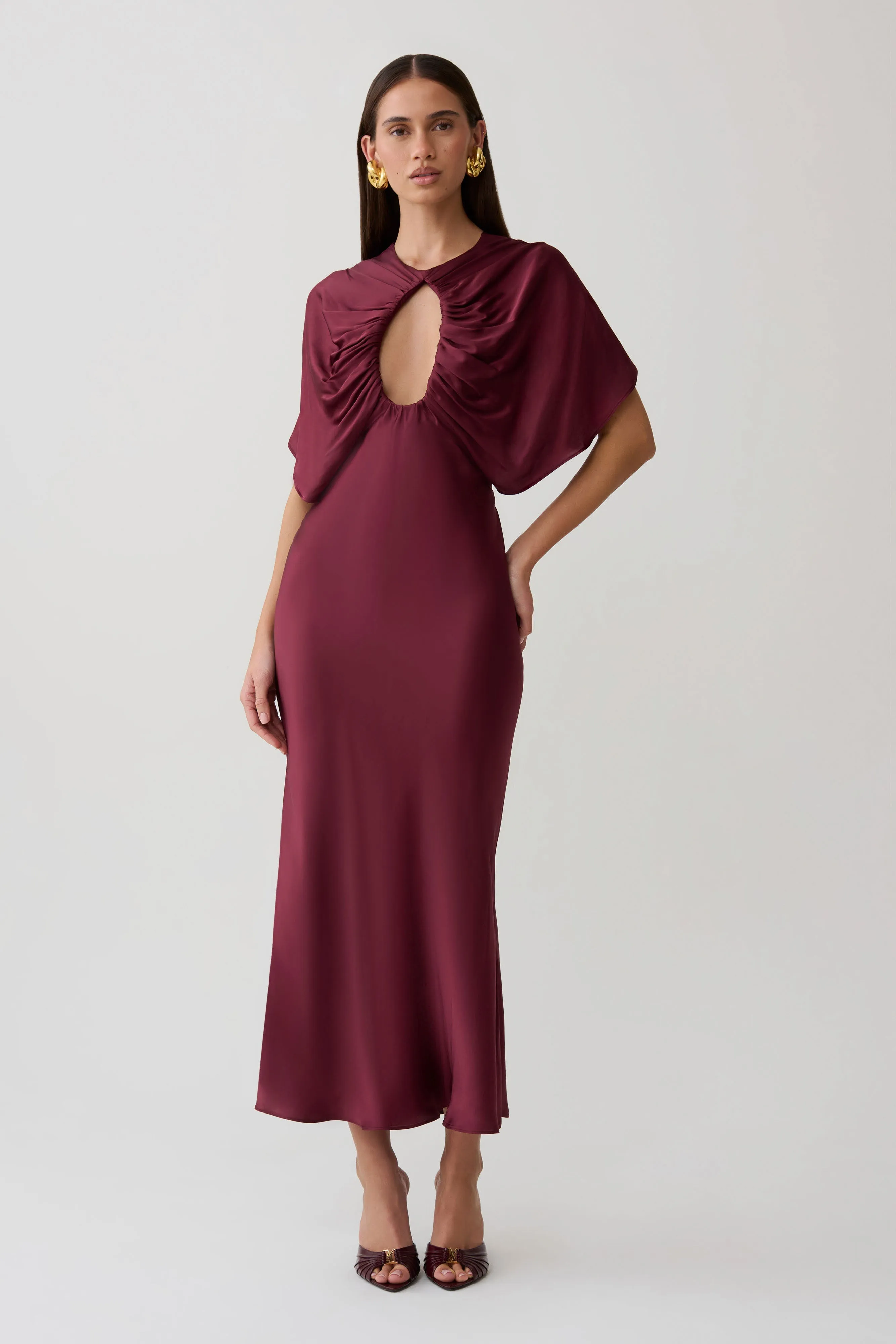 Mona Cut Out Satin Midi Dress - Burgundy sold by Meshki product image thumbnail 4