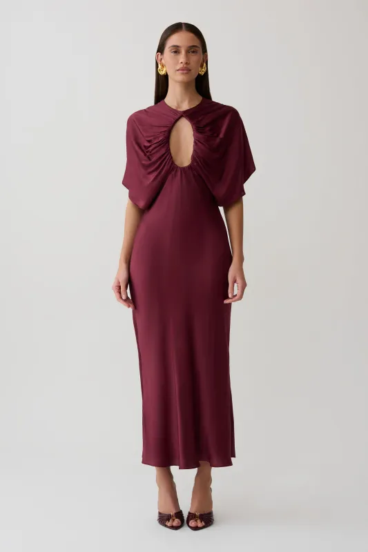 Mona Cut Out Satin Midi Dress - Burgundy made by Meshki