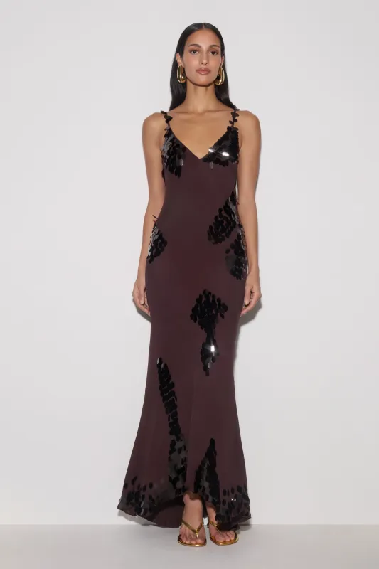 Josette Sequin & Chiffon Maxi Dress - Dark Chocolate made by Meshki
