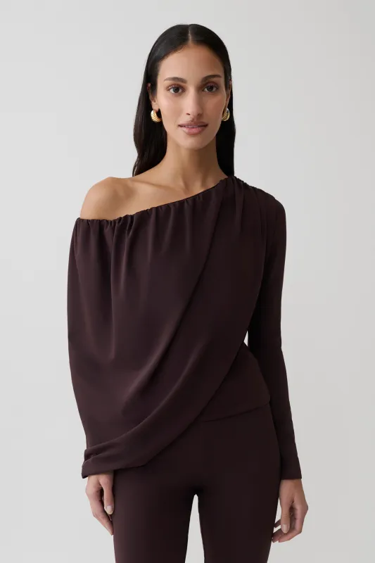 Yuri Long Sleeve Off Shoulder Draped Top - Chocolate made by Meshki