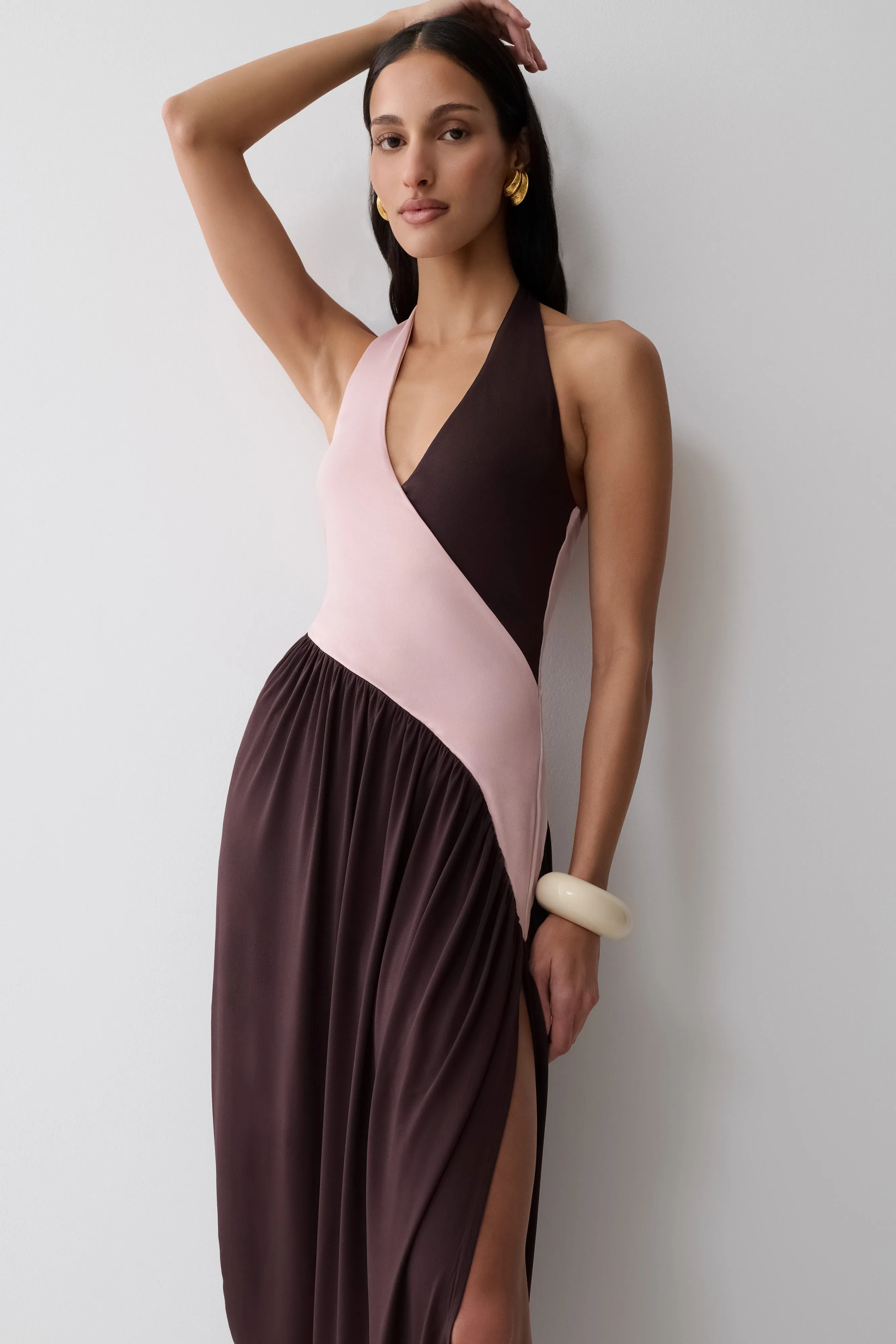 Nari Halter Gathered Maxi Dress - Muted Pink/Dark Chocolate sold by Meshki product image thumbnail 3
