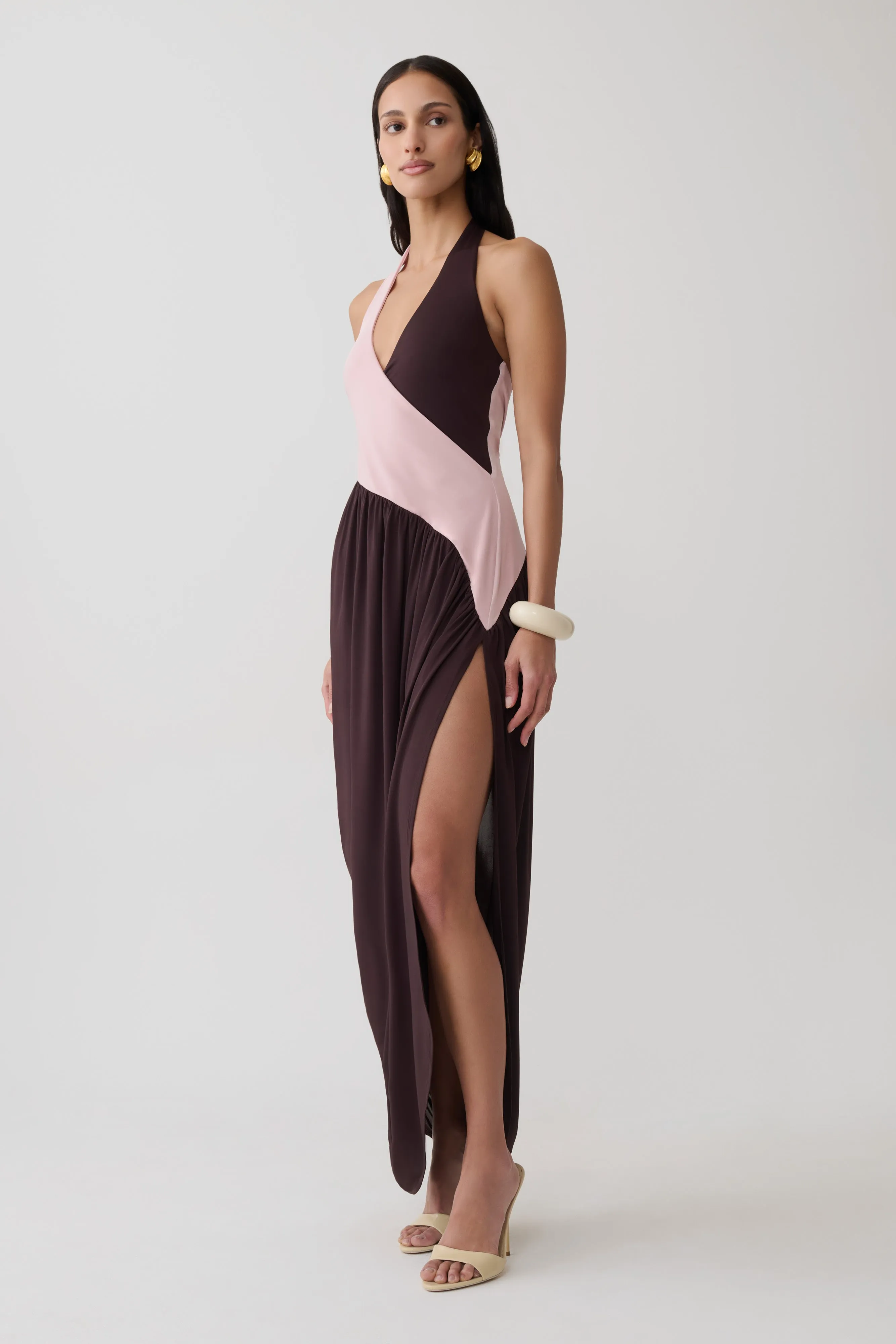 Nari Halter Gathered Maxi Dress - Muted Pink/Dark Chocolate sold by Meshki product image thumbnail 4