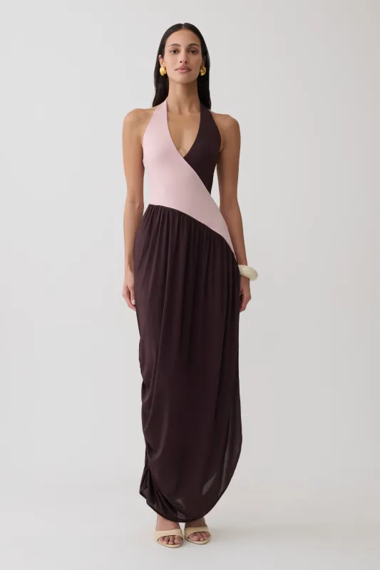 Nari Halter Gathered Maxi Dress - Muted Pink/Dark Chocolate made by Meshki