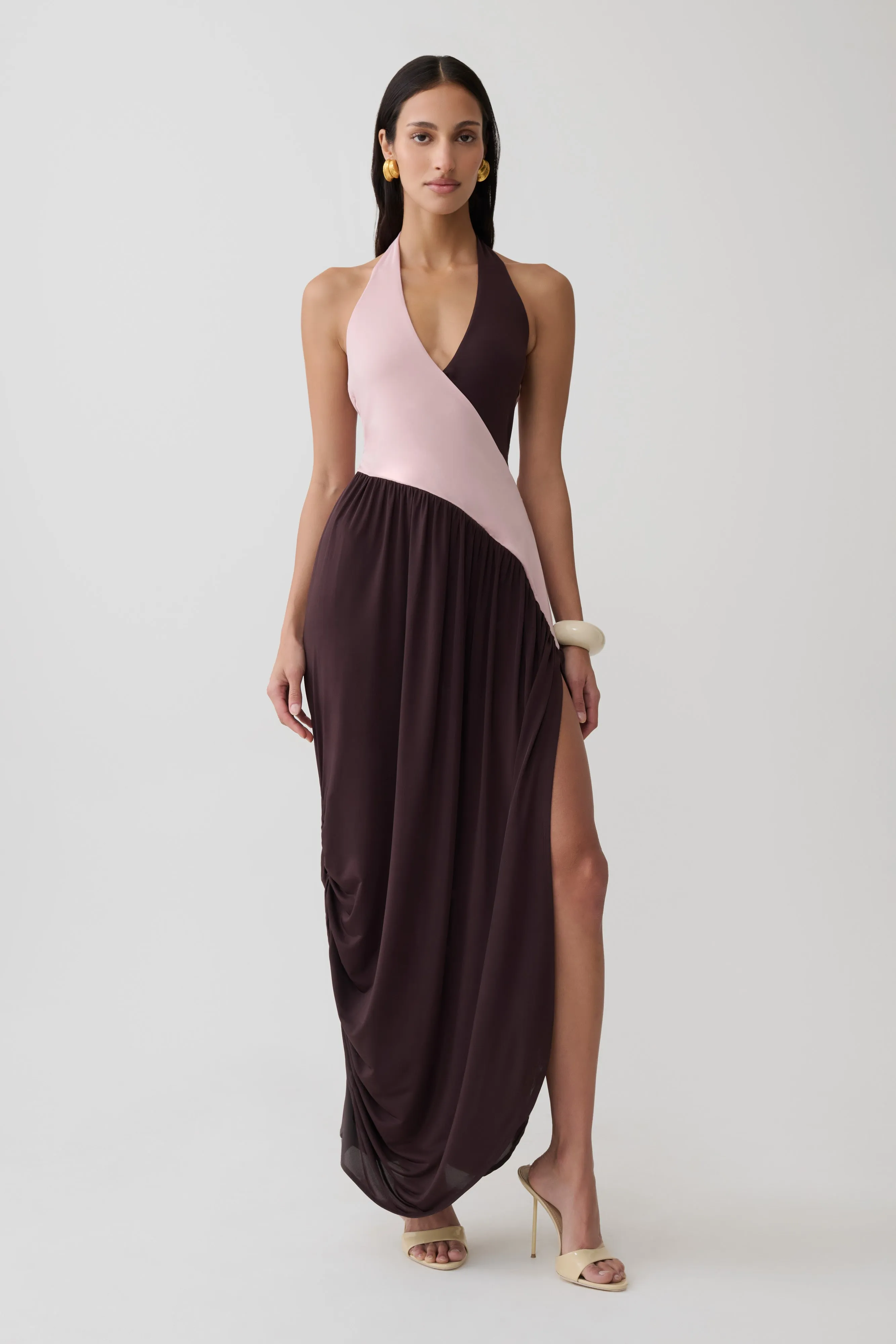 Nari Halter Gathered Maxi Dress - Muted Pink/Dark Chocolate sold by Meshki product image thumbnail 5
