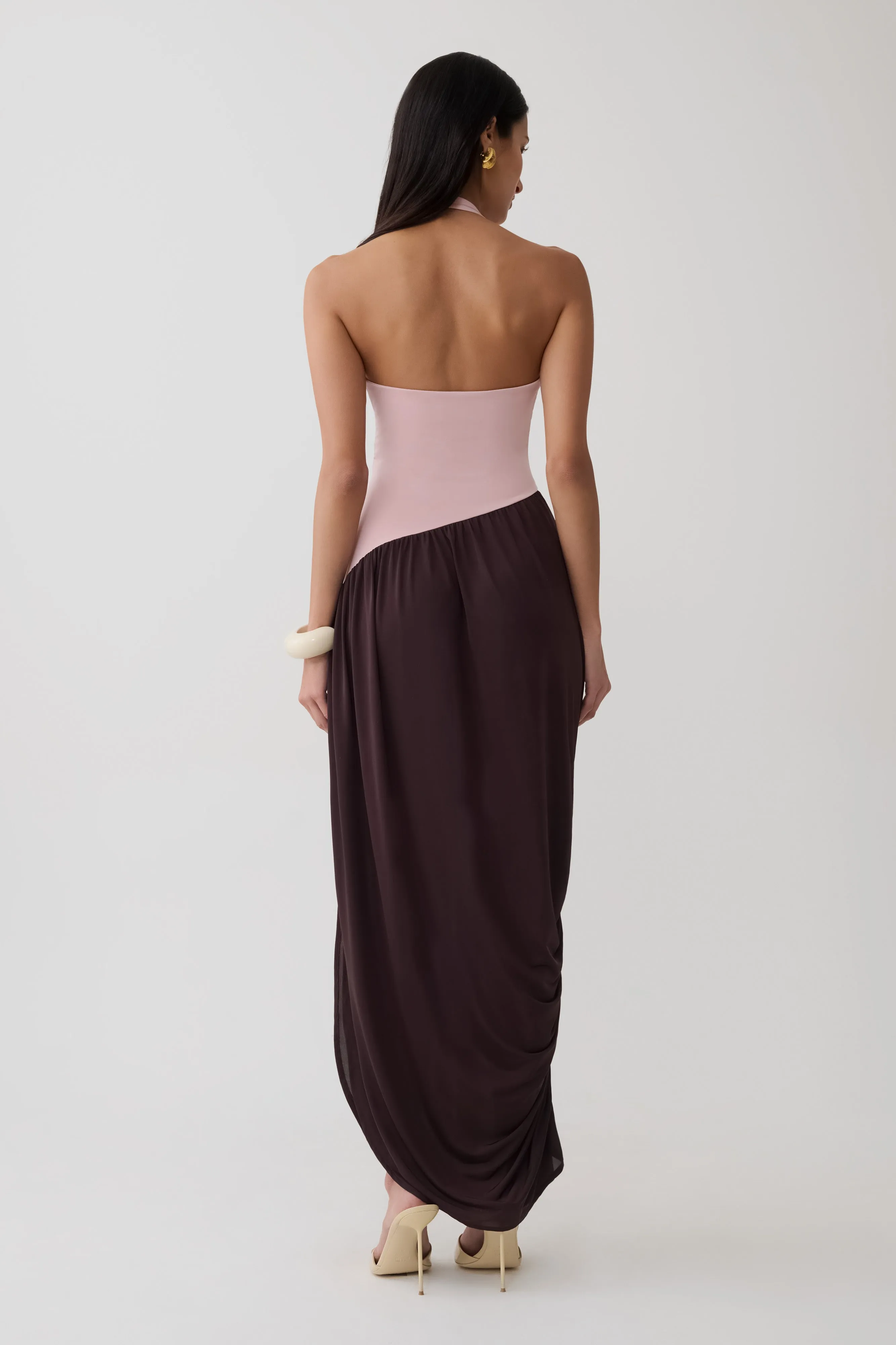 Nari Halter Gathered Maxi Dress - Muted Pink/Dark Chocolate sold by Meshki product image thumbnail 2