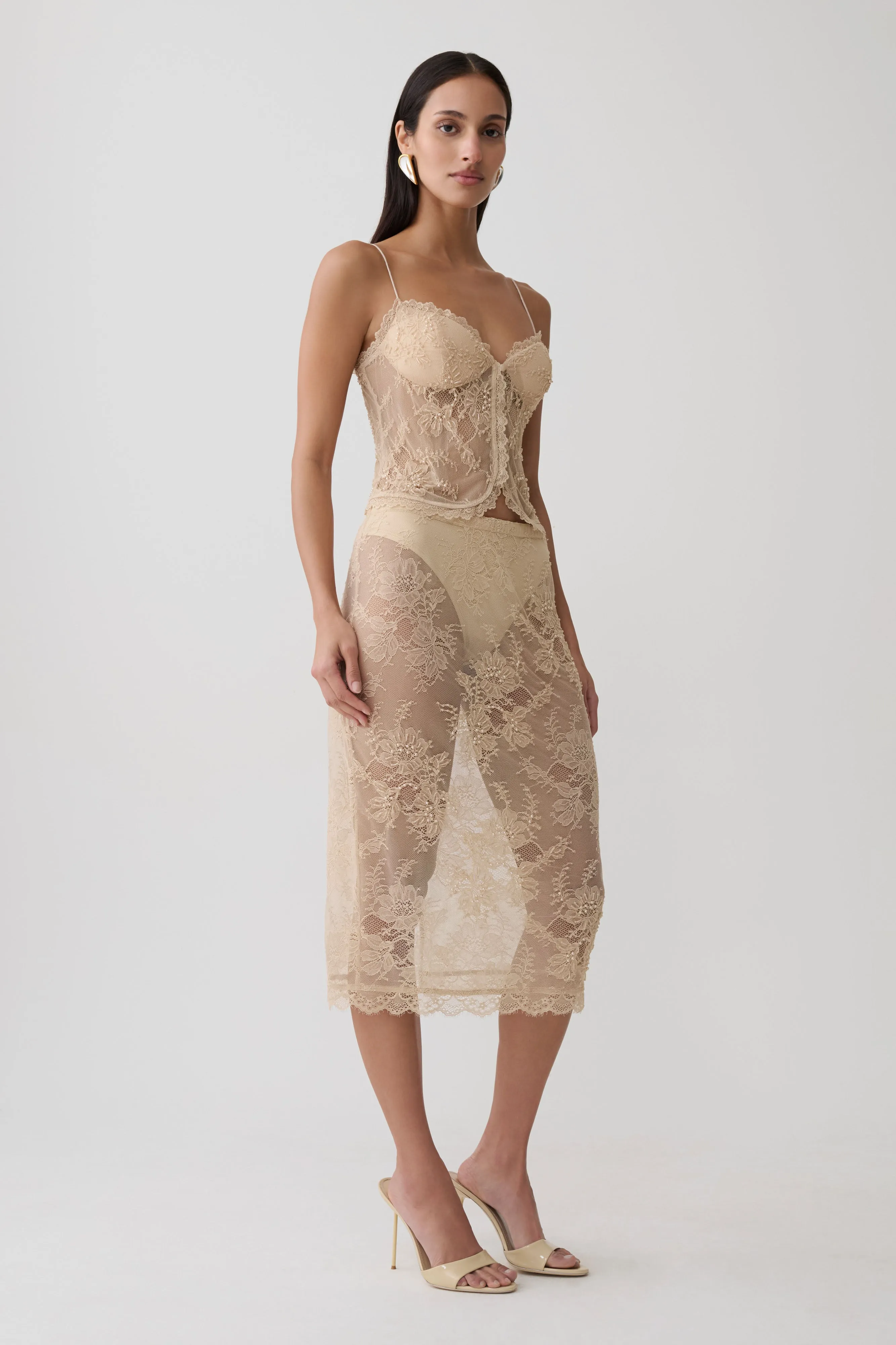 Marcelle Lace Midi Skirt - Blush Rose Gold sold by Meshki product image thumbnail 4