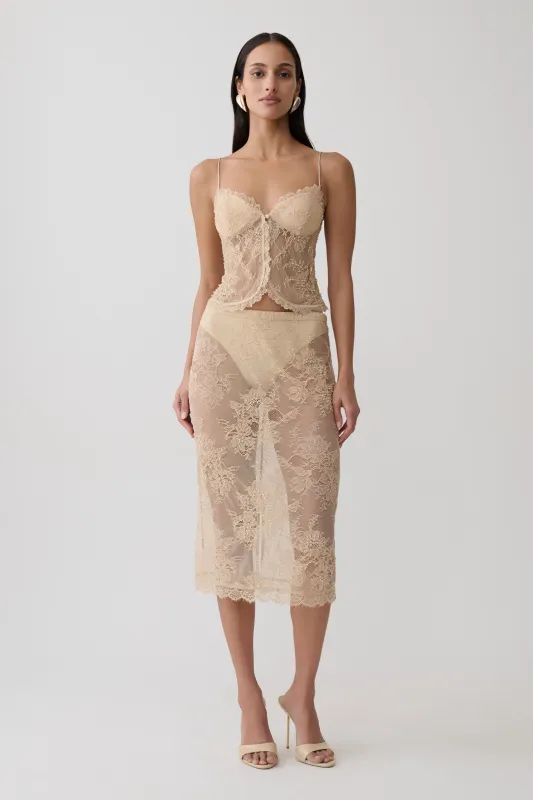 Marcelle Lace Midi Skirt - Blush Rose Gold made by Meshki